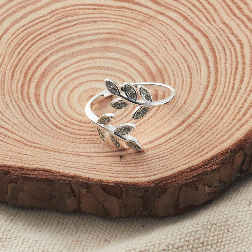 Silver Plated Adjustable Leaf Ring Created with Zircondia® Crystals
