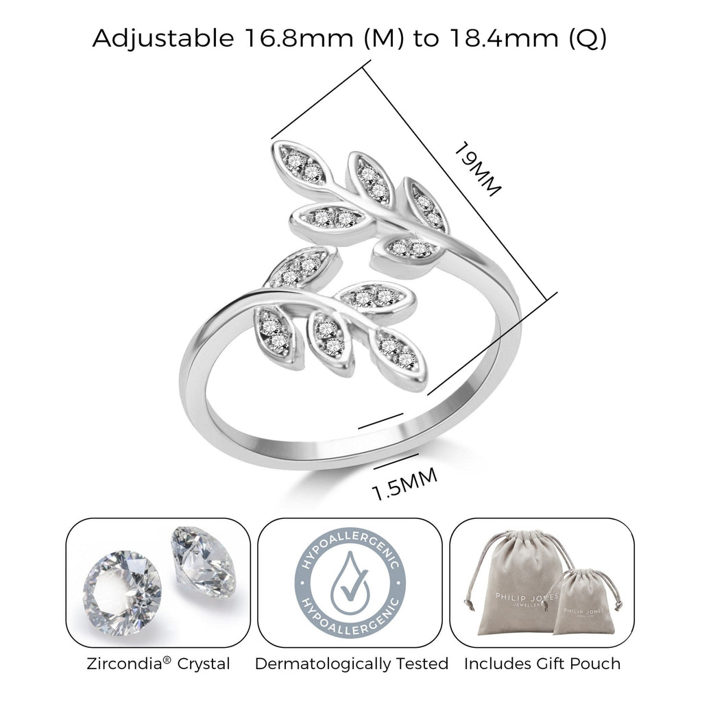 Silver Plated Adjustable Leaf Ring Created with Zircondia® Crystals