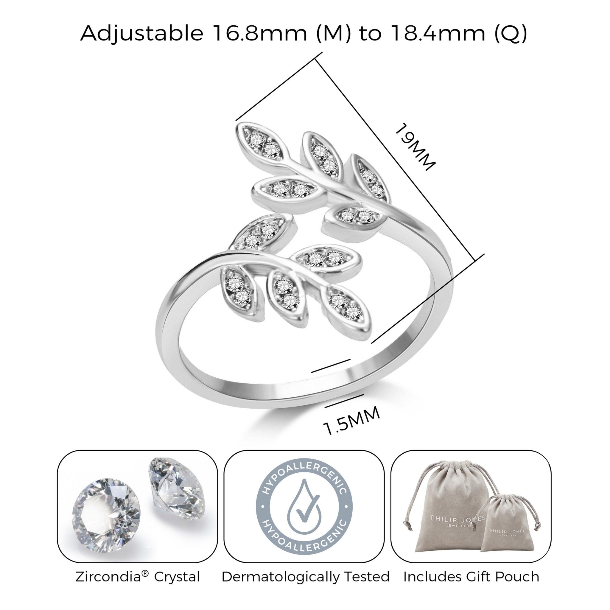 Silver Plated Adjustable Leaf Ring Created with Zircondia® Crystals