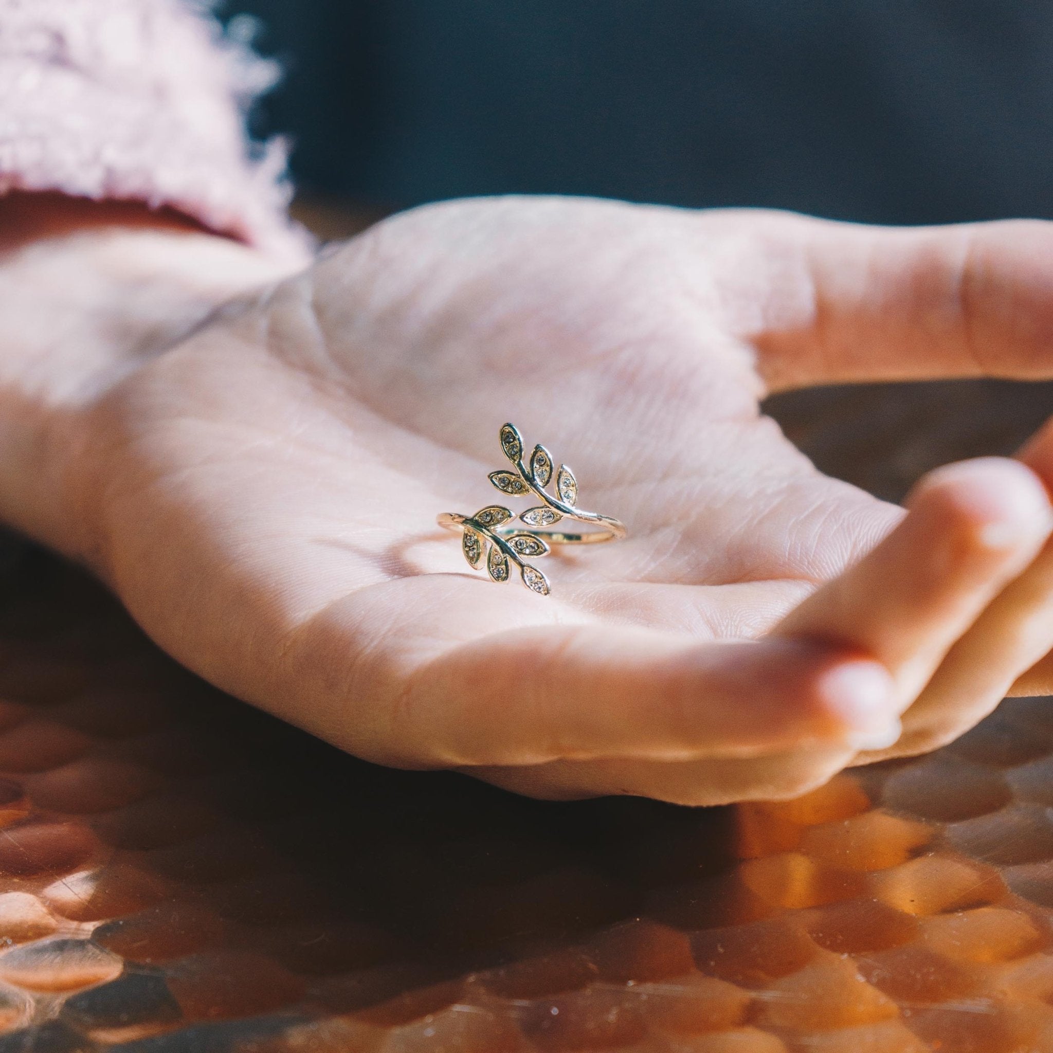 Silver Plated Adjustable Leaf Ring Created with Zircondia® Crystals