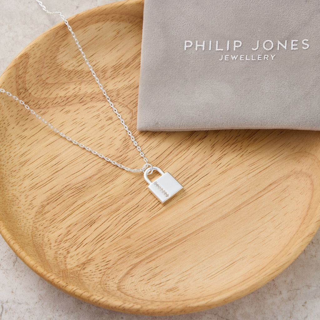 Silver Plated Padlock Necklace Created with Zircondia® Crystals