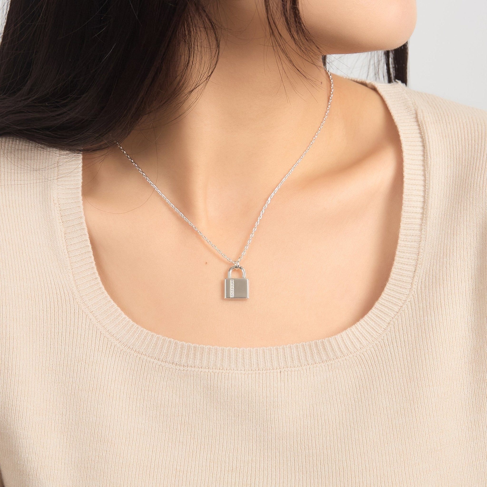 Silver Plated Padlock Necklace Created with Zircondia® Crystals