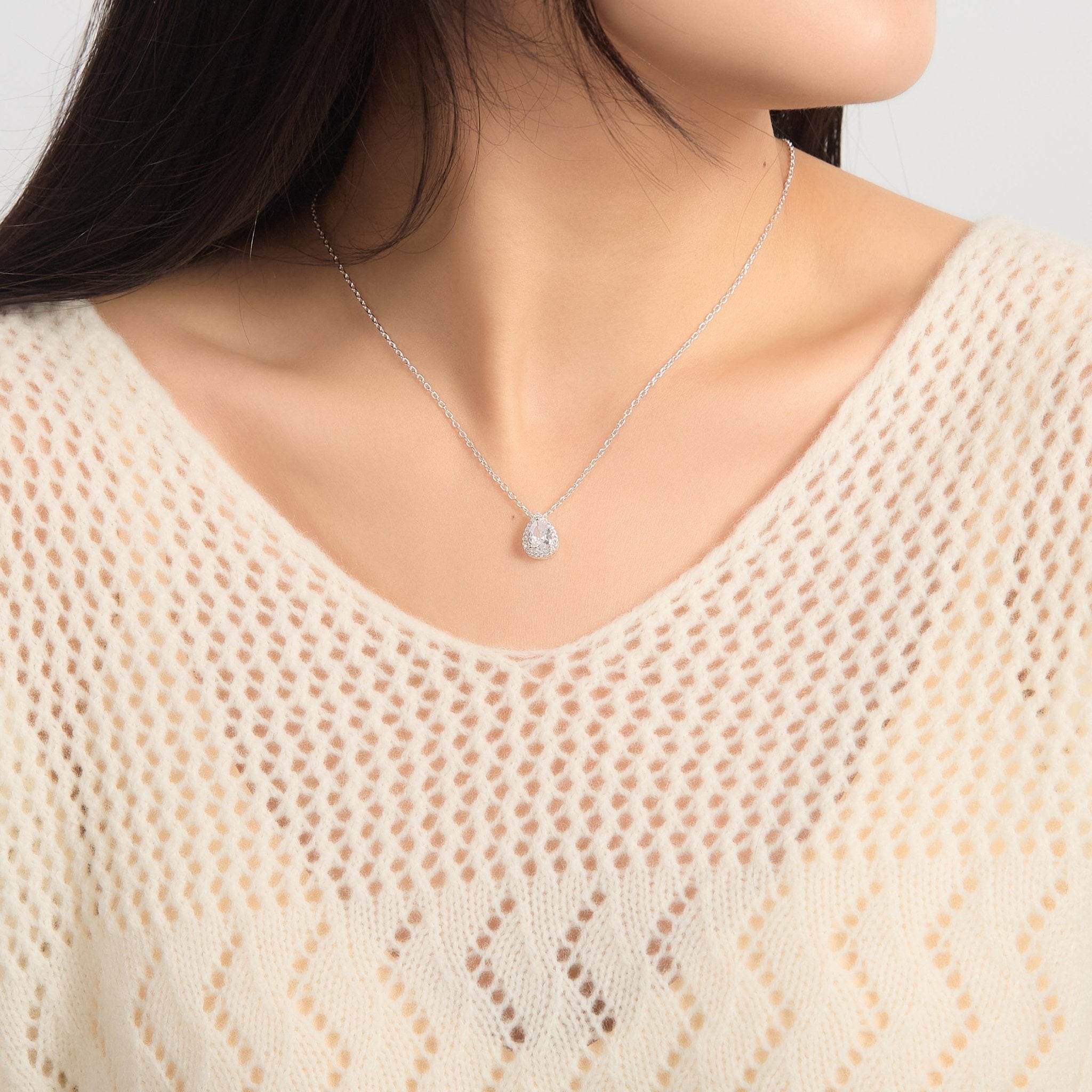 Silver Plated Pear Halo Necklace Created with Zircondia® Crystals
