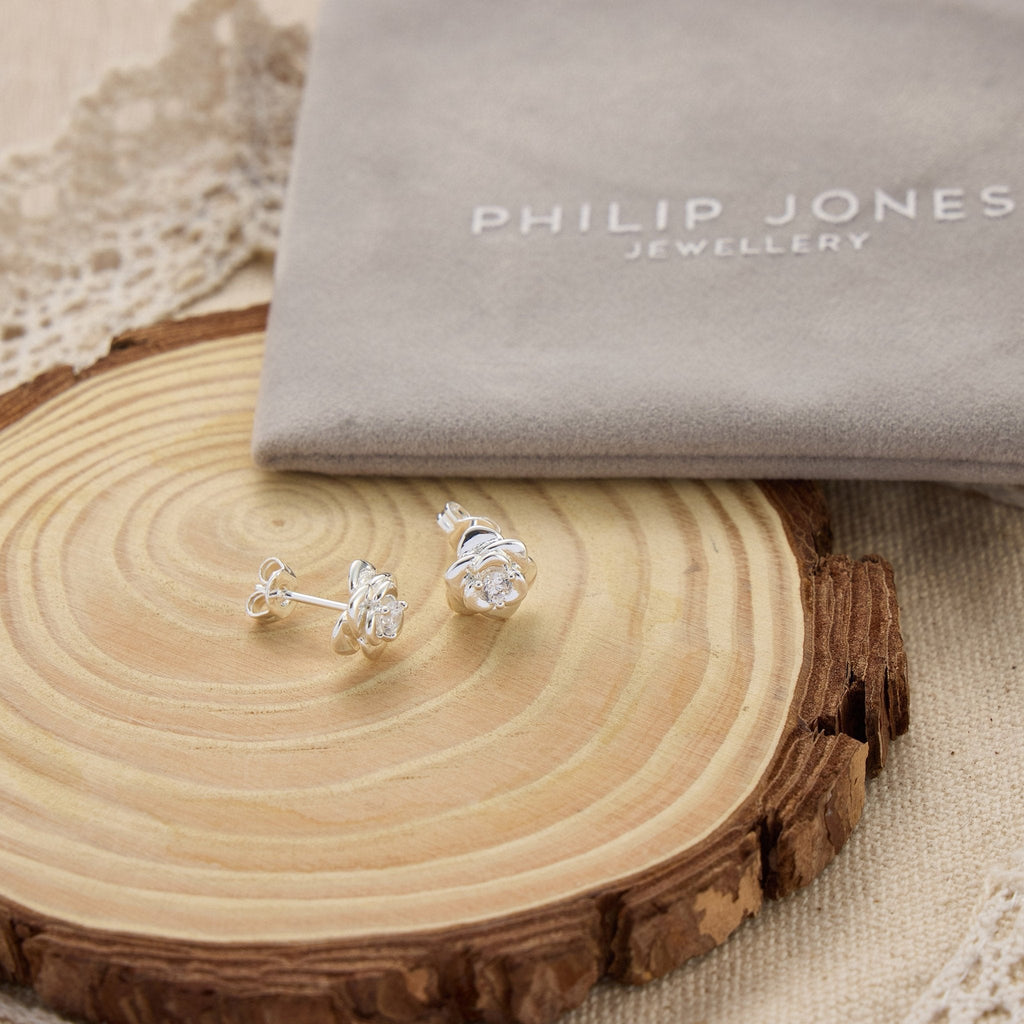 Silver Plated Rose Earrings Created with Zircondia® Crystals