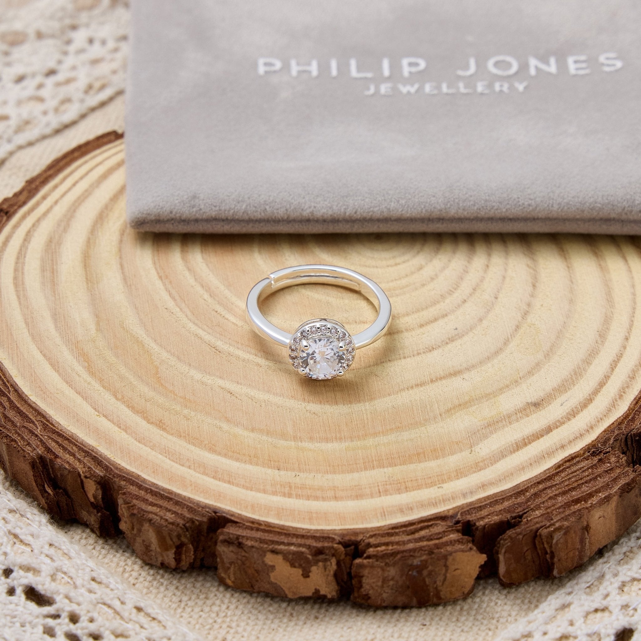 Silver Plated Round Halo Adjustable Ring Created with Zircondia® Crystals