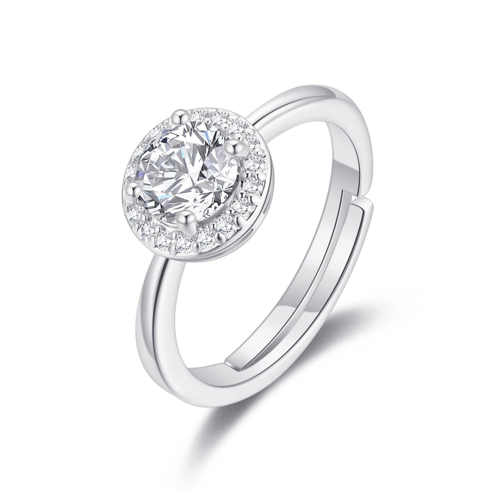 Silver Plated Round Halo Adjustable Ring Created with Zircondia® Crystals