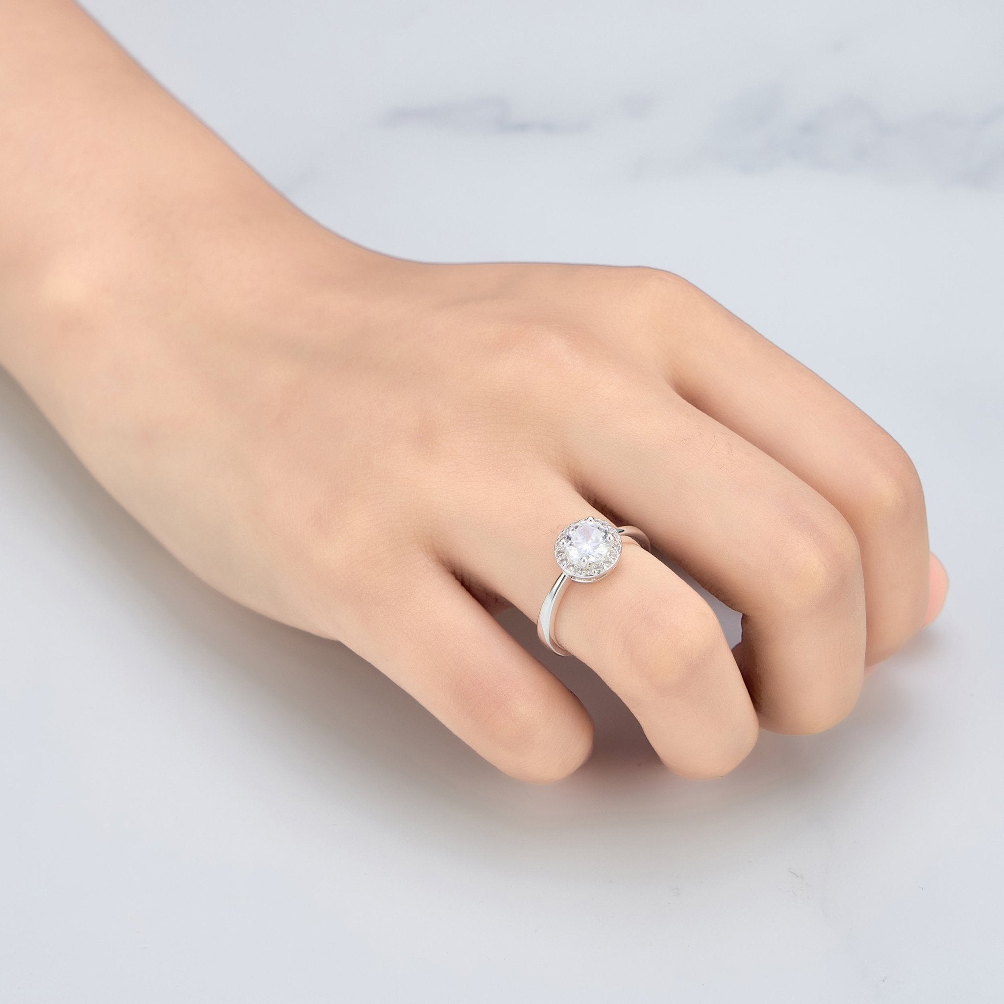 Silver Plated Round Halo Adjustable Ring Created with Zircondia® Crystals