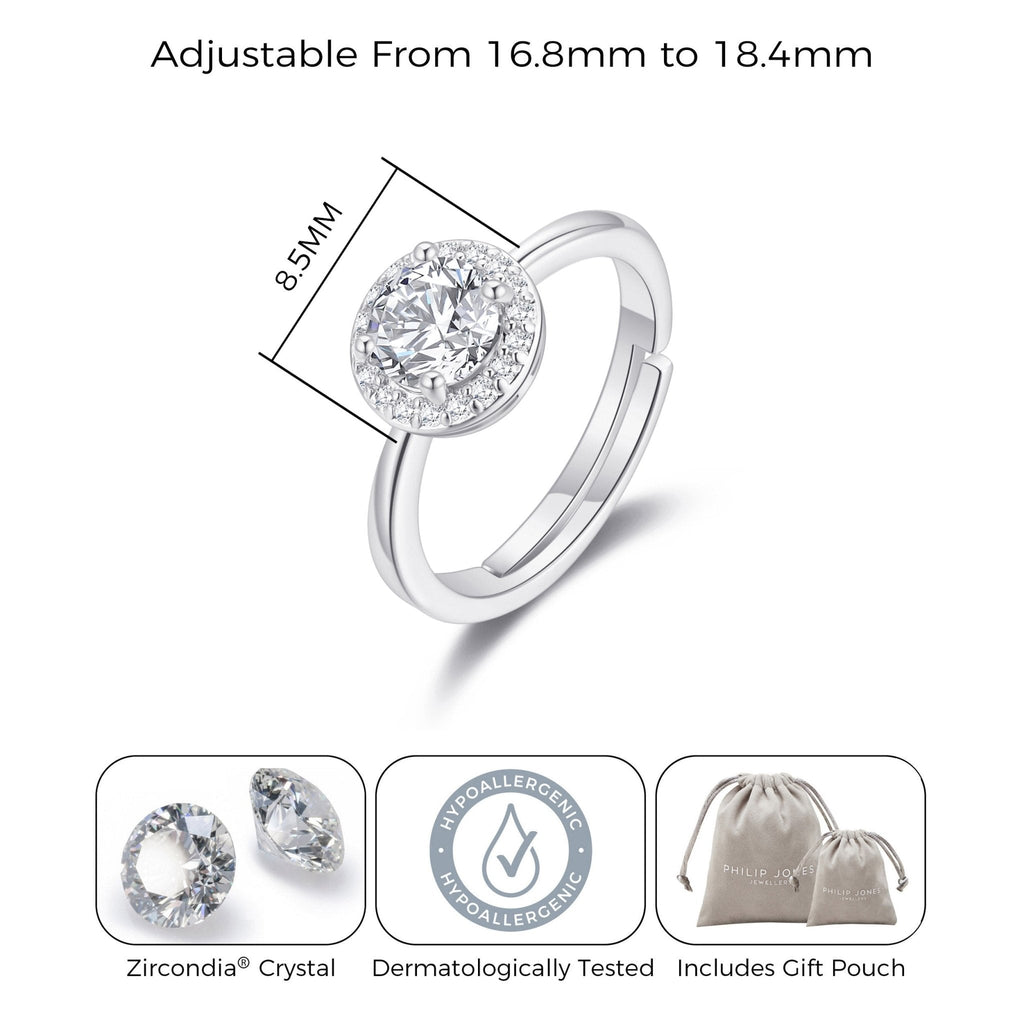 Silver Plated Round Halo Adjustable Ring Created with Zircondia® Crystals