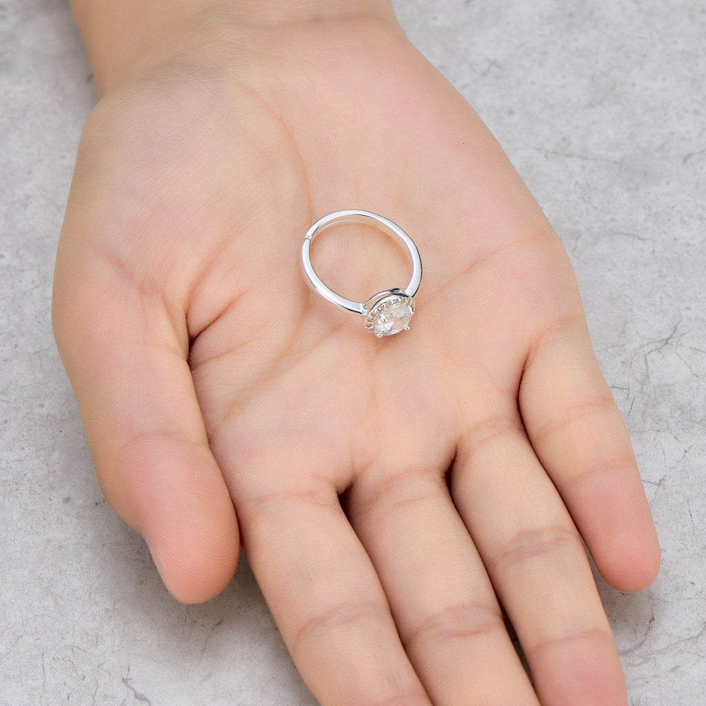 Silver Plated Round Halo Adjustable Ring Created with Zircondia® Crystals