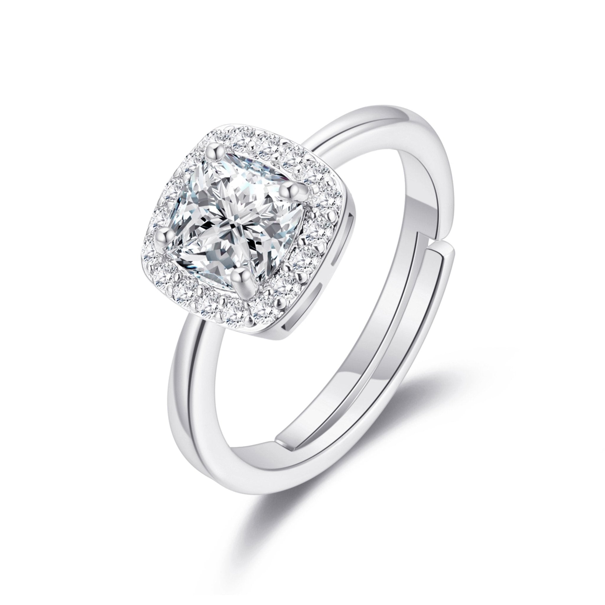 Silver Plated Square Halo Adjustable Ring Created with Zircondia® Crystals