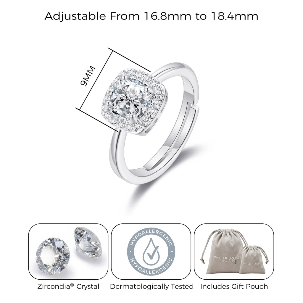 Silver Plated Square Halo Adjustable Ring Created with Zircondia® Crystals