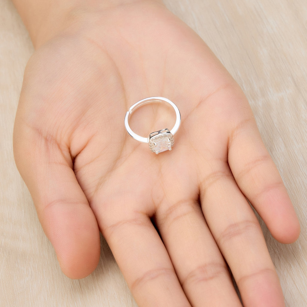 Silver Plated Square Halo Adjustable Ring Created with Zircondia® Crystals