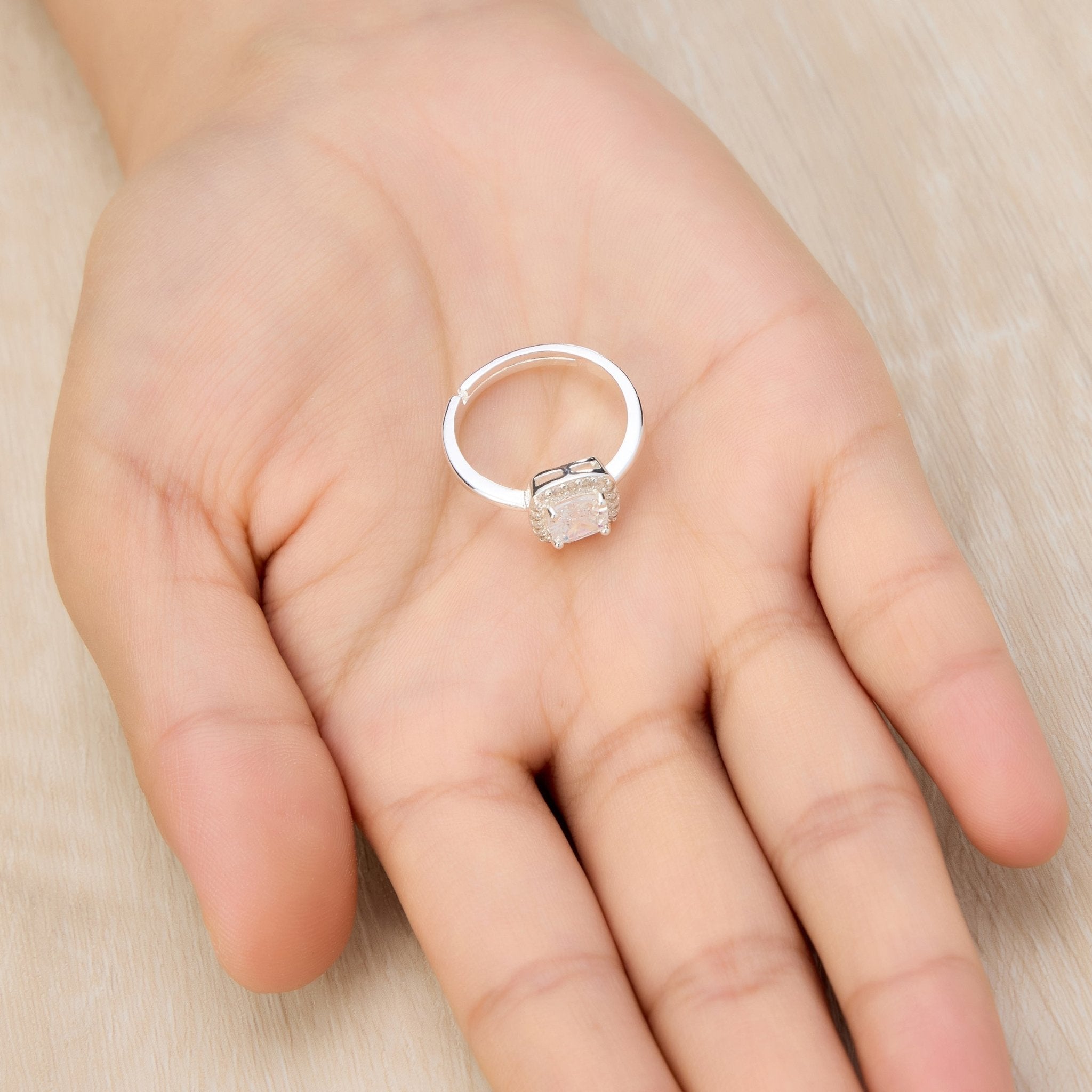 Silver Plated Square Halo Adjustable Ring Created with Zircondia® Crystals