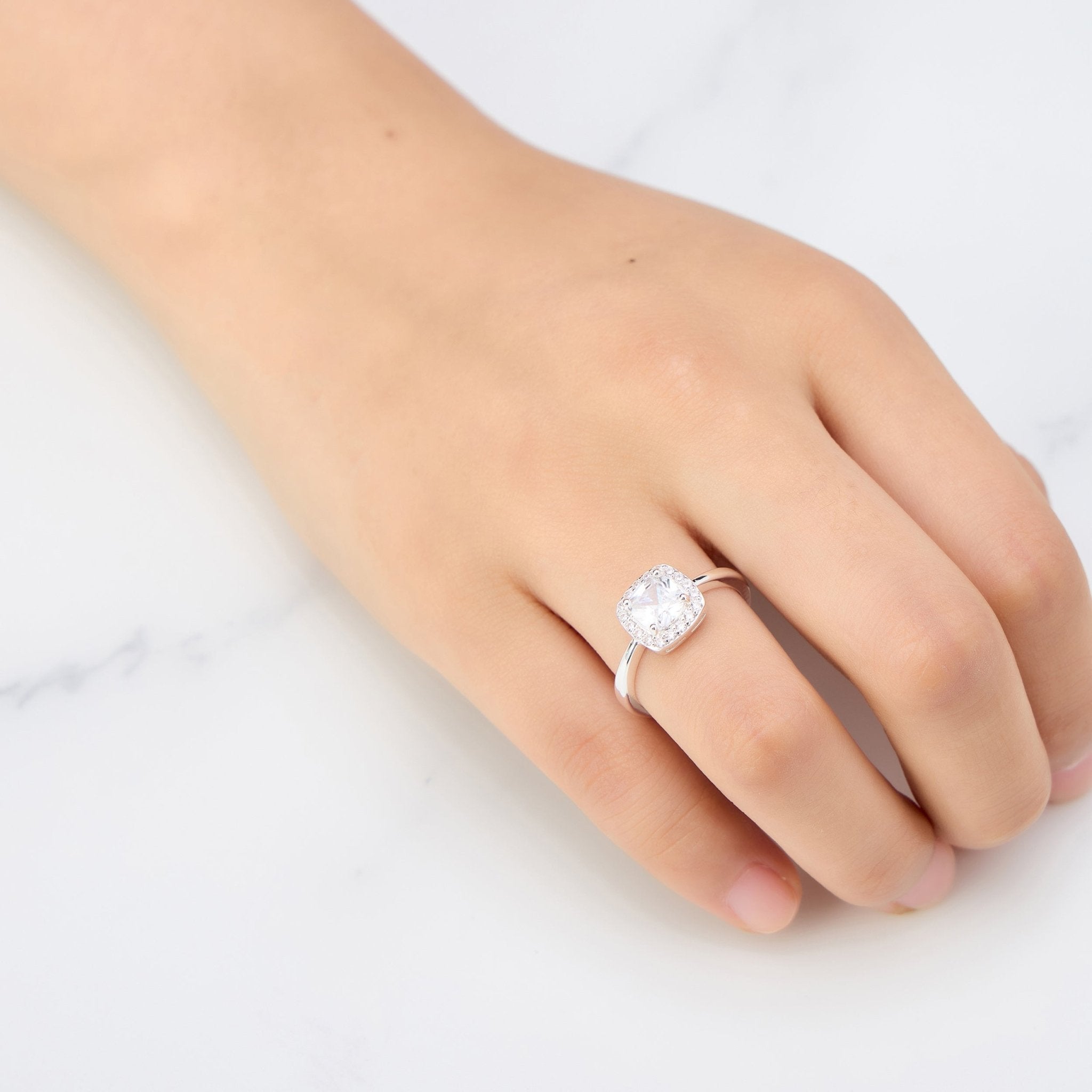 Silver Plated Square Halo Adjustable Ring Created with Zircondia® Crystals