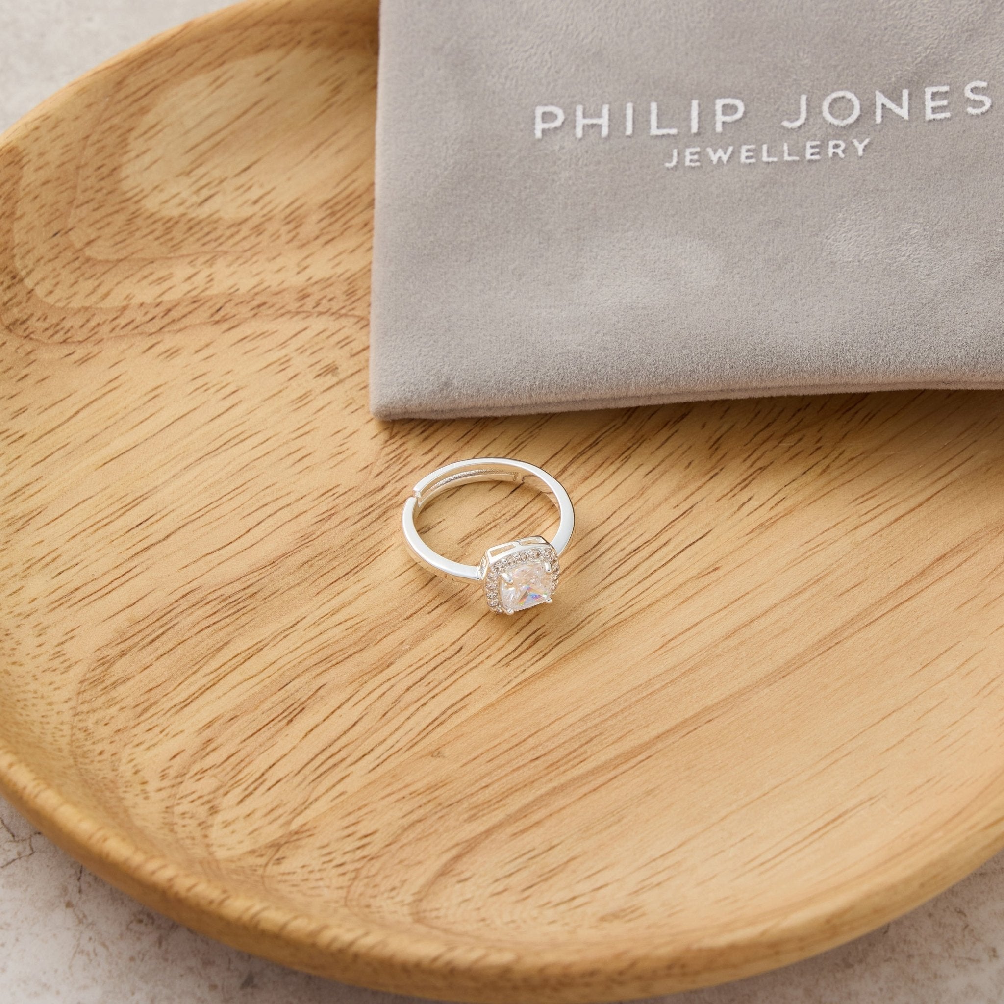 Silver Plated Square Halo Adjustable Ring Created with Zircondia® Crystals
