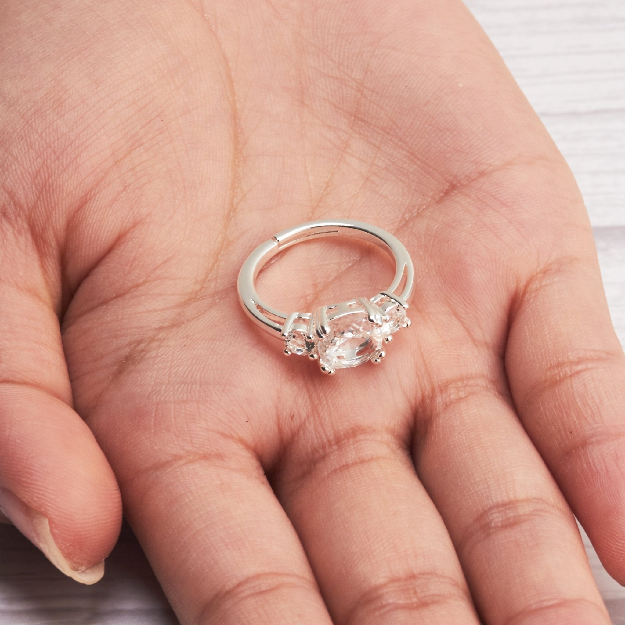 Silver Plated Adjustable Three Stone Ring Created with Zircondia® Crystals
