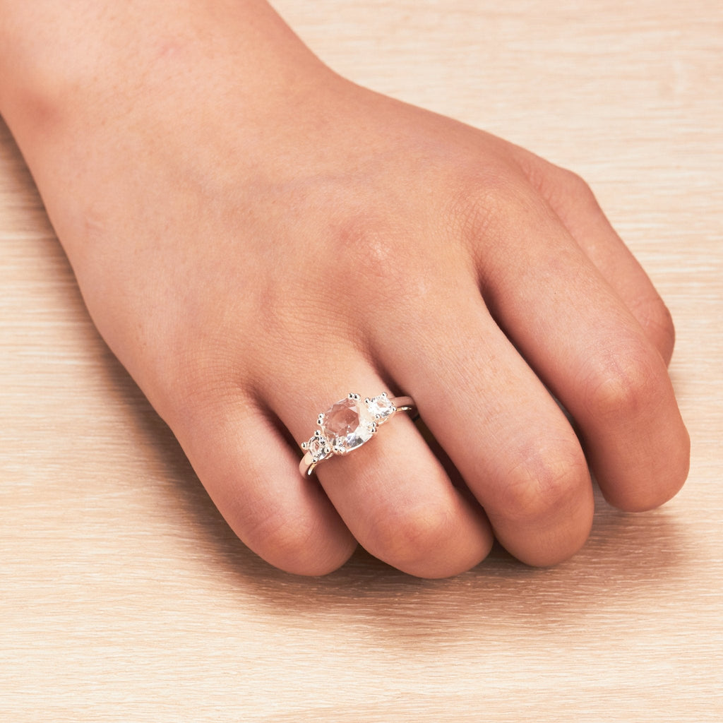 Silver Plated Adjustable Three Stone Ring Created with Zircondia® Crystals