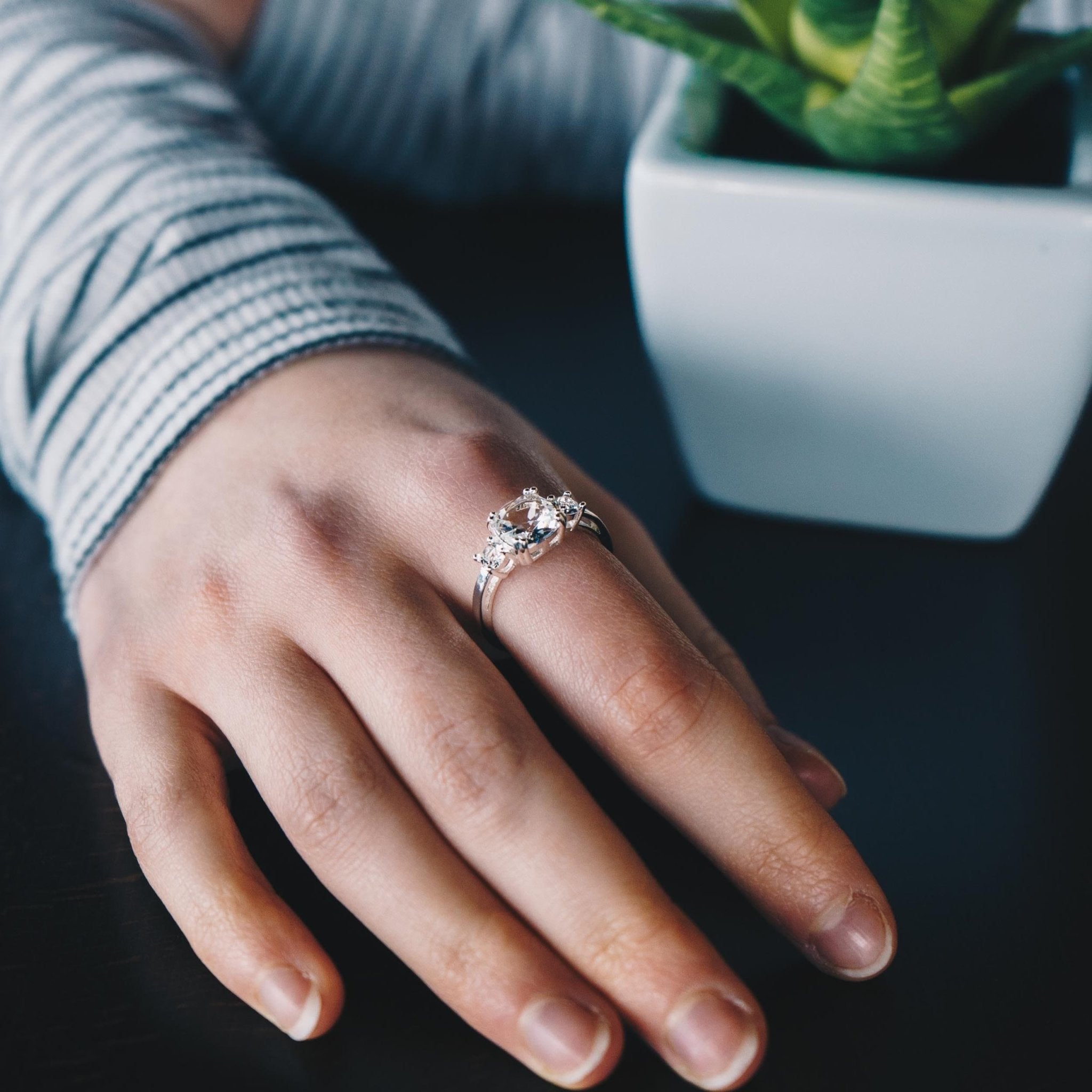 Silver Plated Adjustable Three Stone Ring Created with Zircondia® Crystals