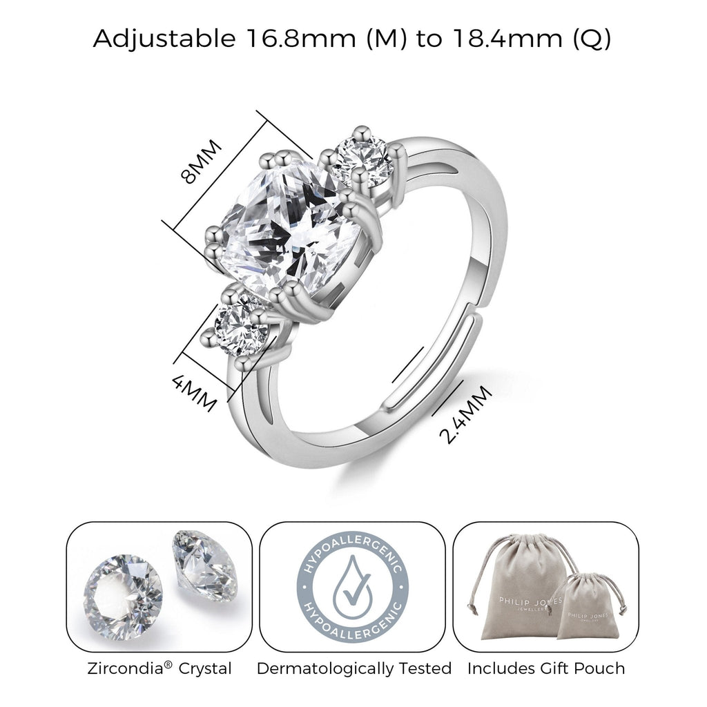 Silver Plated Adjustable Three Stone Ring Created with Zircondia® Crystals
