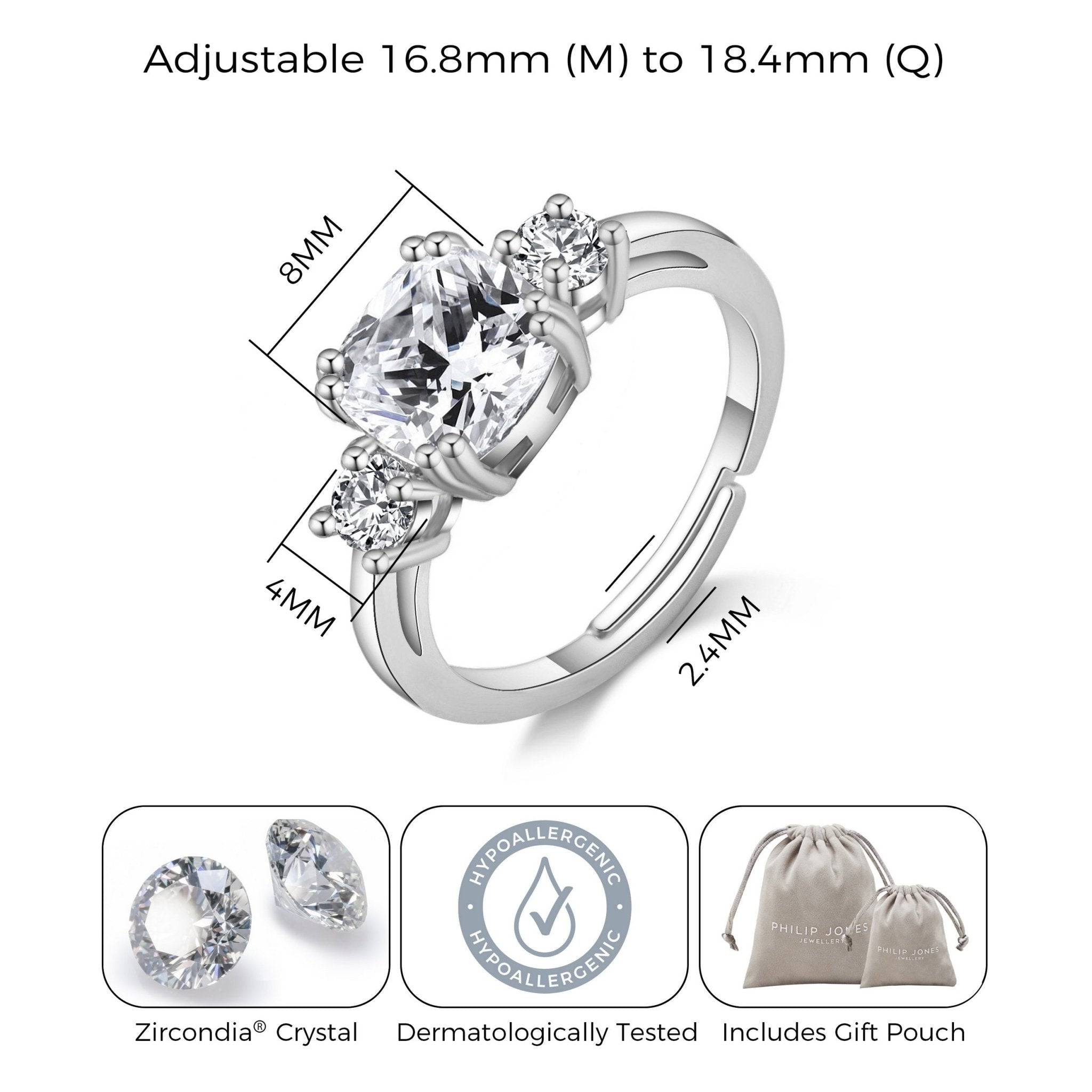 Silver Plated Adjustable Three Stone Ring Created with Zircondia® Crystals