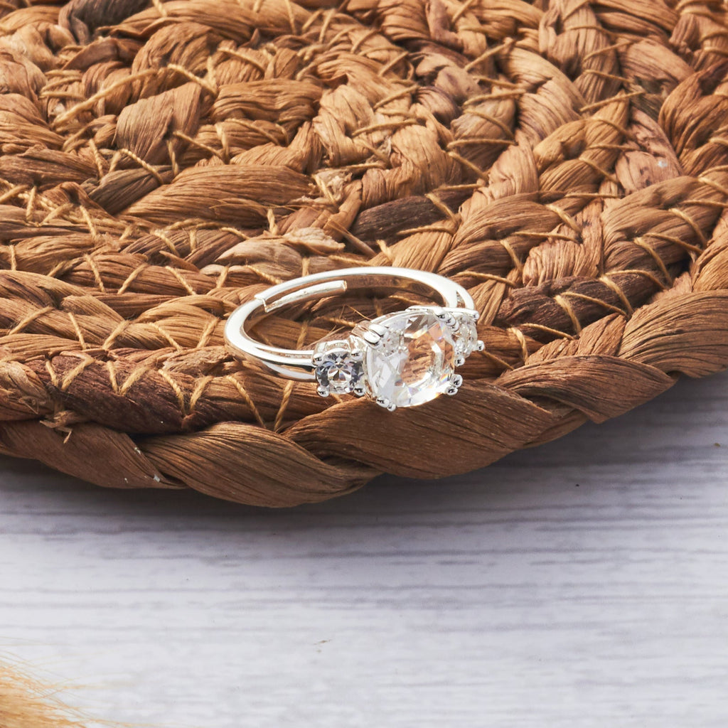 Silver Plated Adjustable Three Stone Ring Created with Zircondia® Crystals