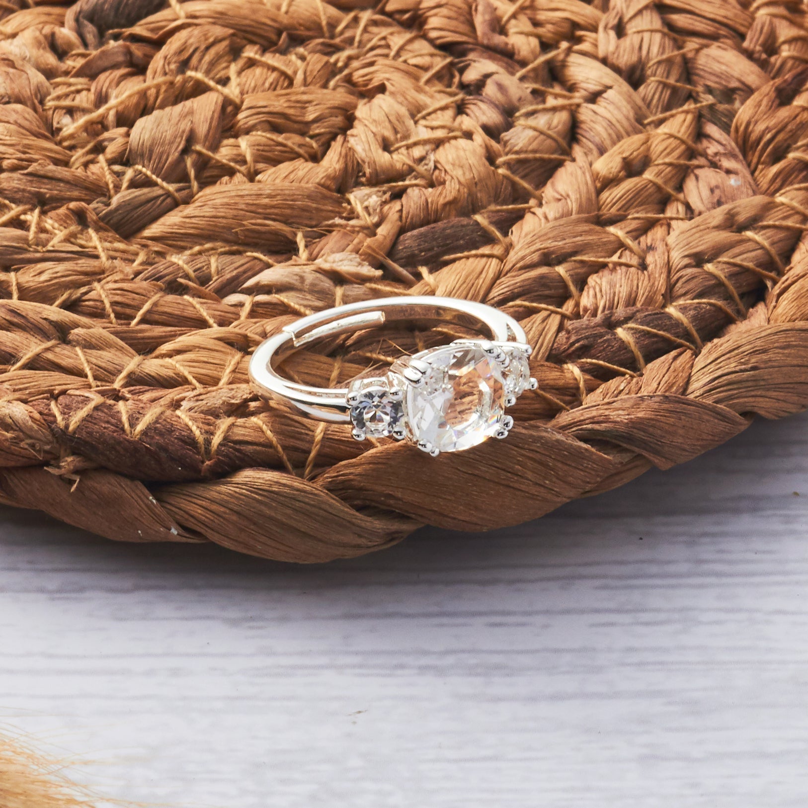 Silver Plated Adjustable Three Stone Ring Created with Zircondia® Crystals