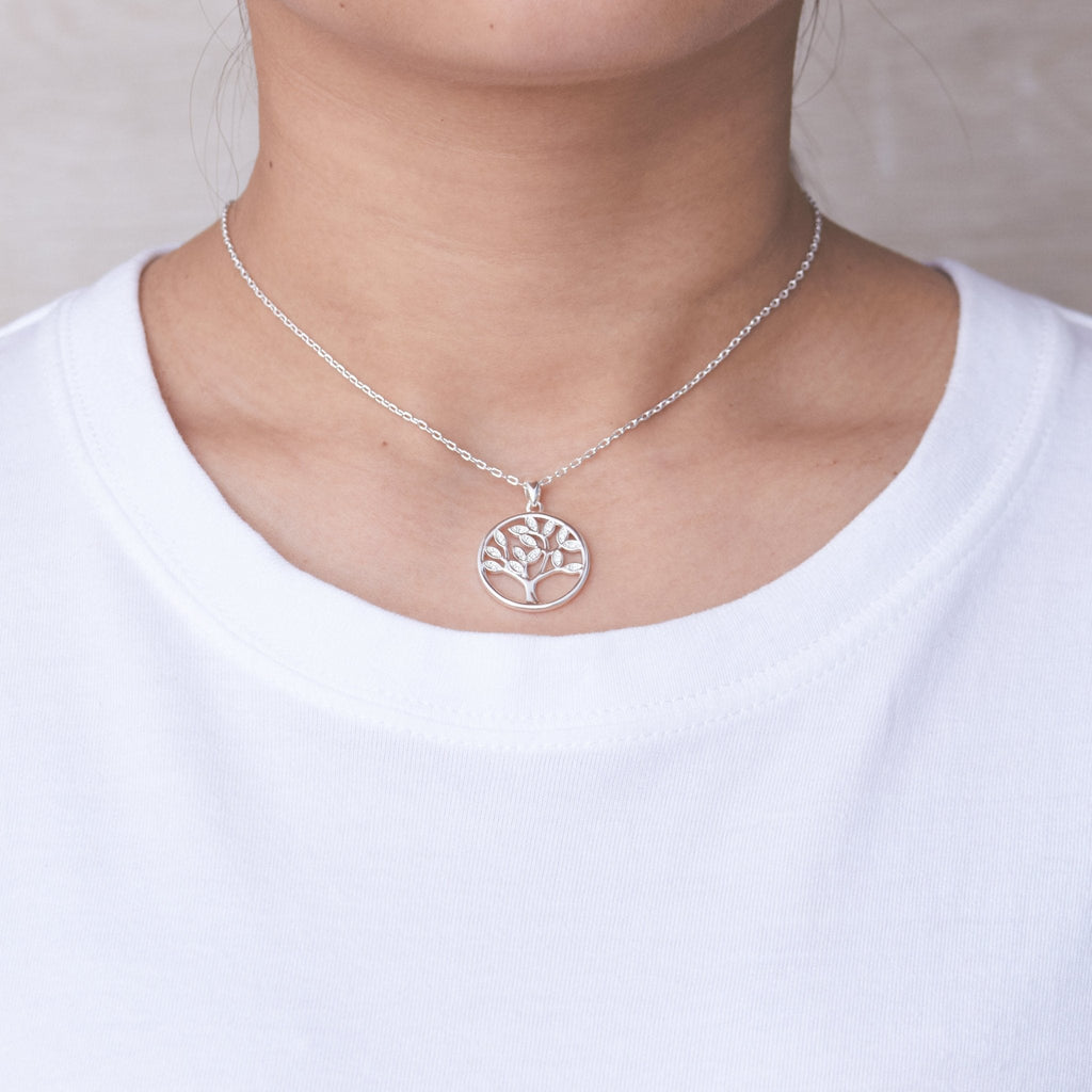 Silver Plated Tree of Life Necklace Created with Zircondia® Crystals