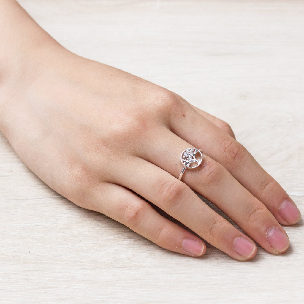 Silver Plated Adjustable Tree of Life Ring Created with Zircondia® Crystals