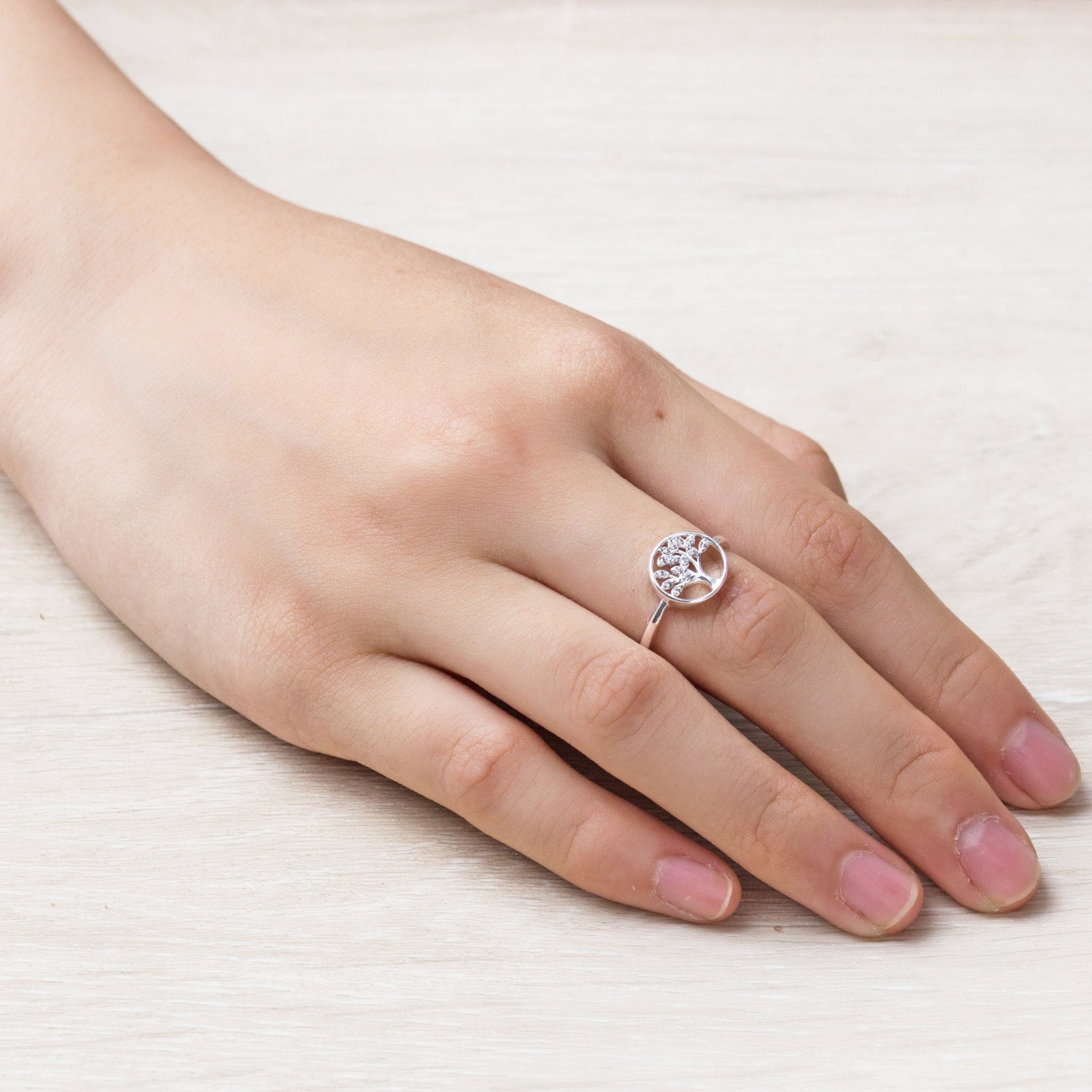 Silver Plated Adjustable Tree of Life Ring Created with Zircondia® Crystals