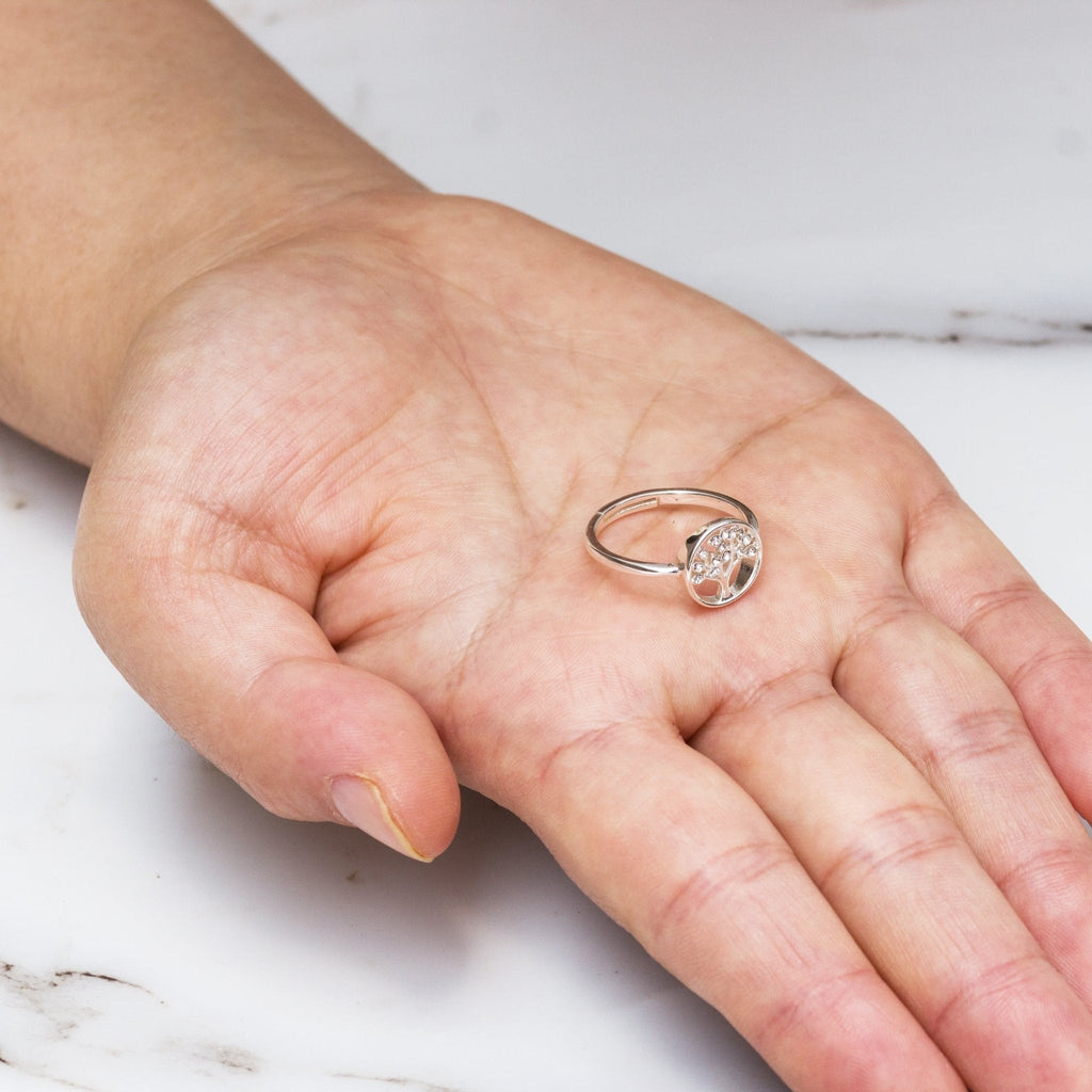 Silver Plated Adjustable Tree of Life Ring Created with Zircondia® Crystals