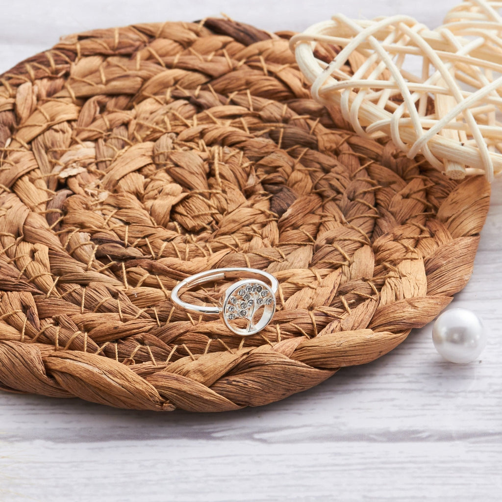 Silver Plated Adjustable Tree of Life Ring Created with Zircondia® Crystals