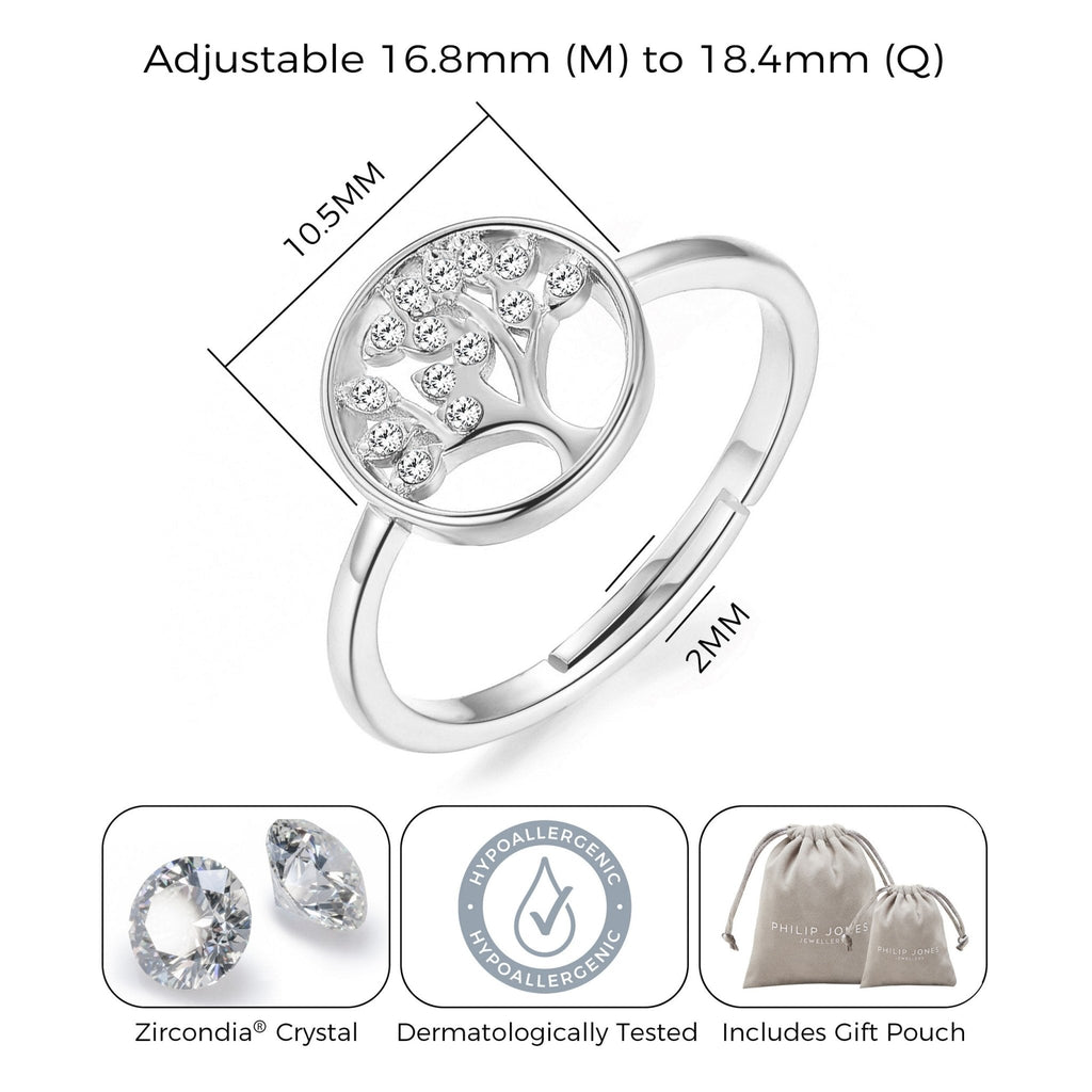 Silver Plated Adjustable Tree of Life Ring Created with Zircondia® Crystals