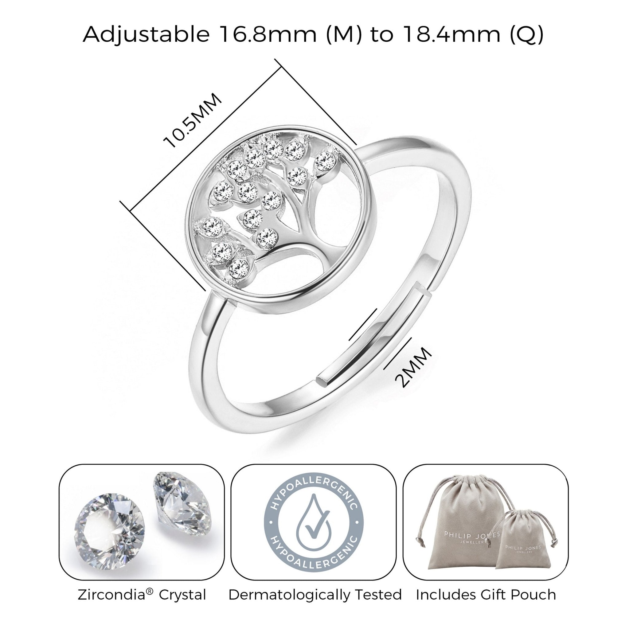 Silver Plated Adjustable Tree of Life Ring Created with Zircondia® Crystals