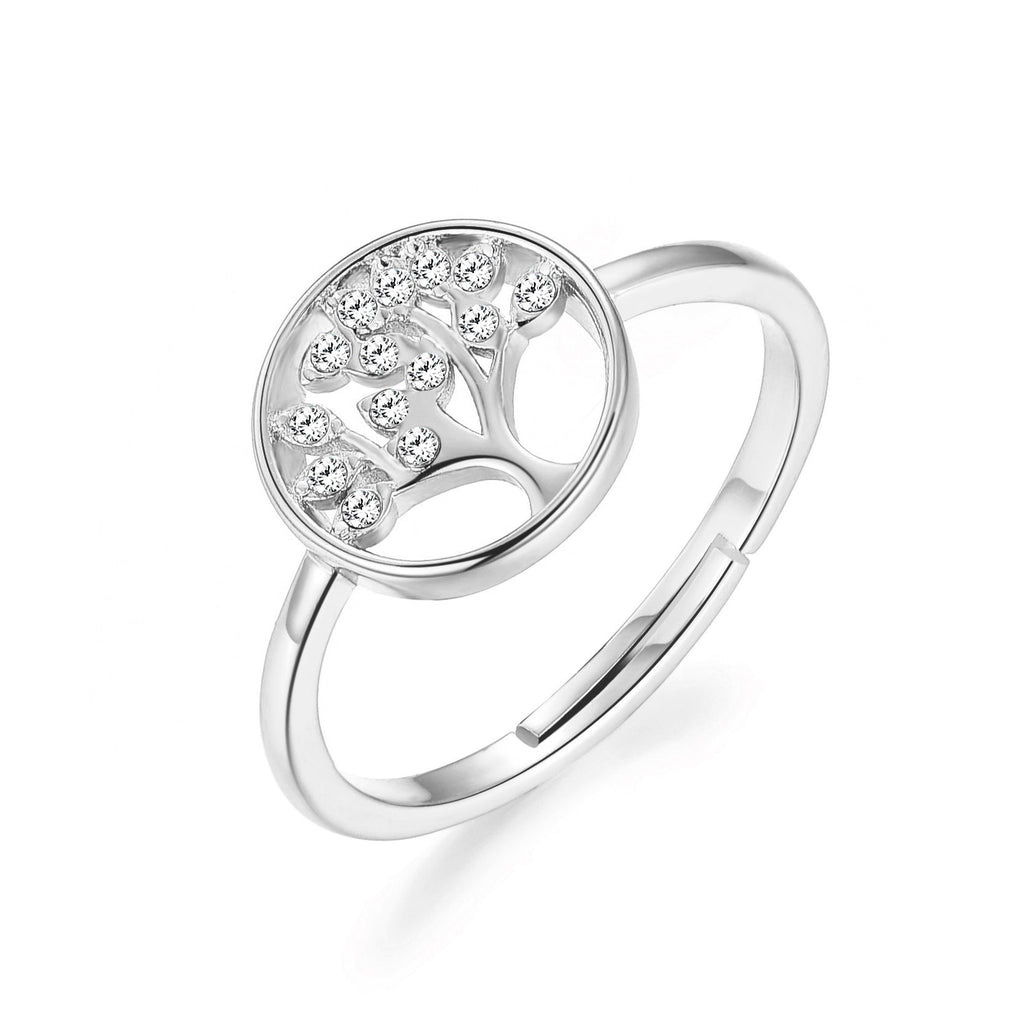 Silver Plated Adjustable Tree of Life Ring Created with Zircondia® Crystals