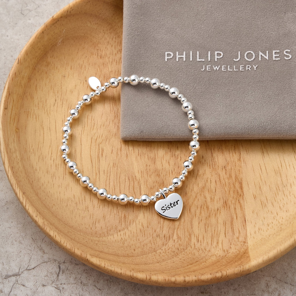 Sister Heart Charm Beaded Stretch Bracelet