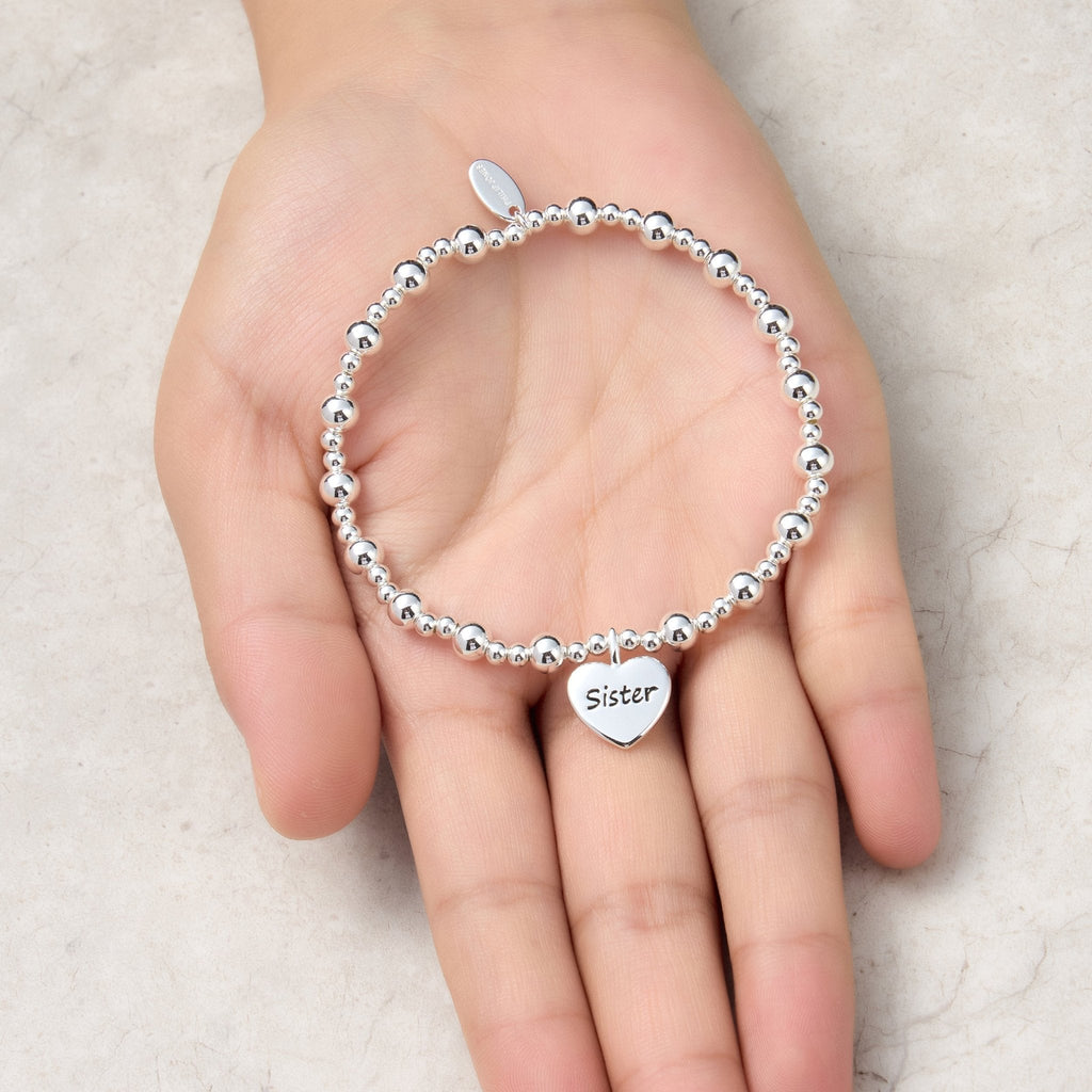 Sister Heart Charm Beaded Stretch Bracelet