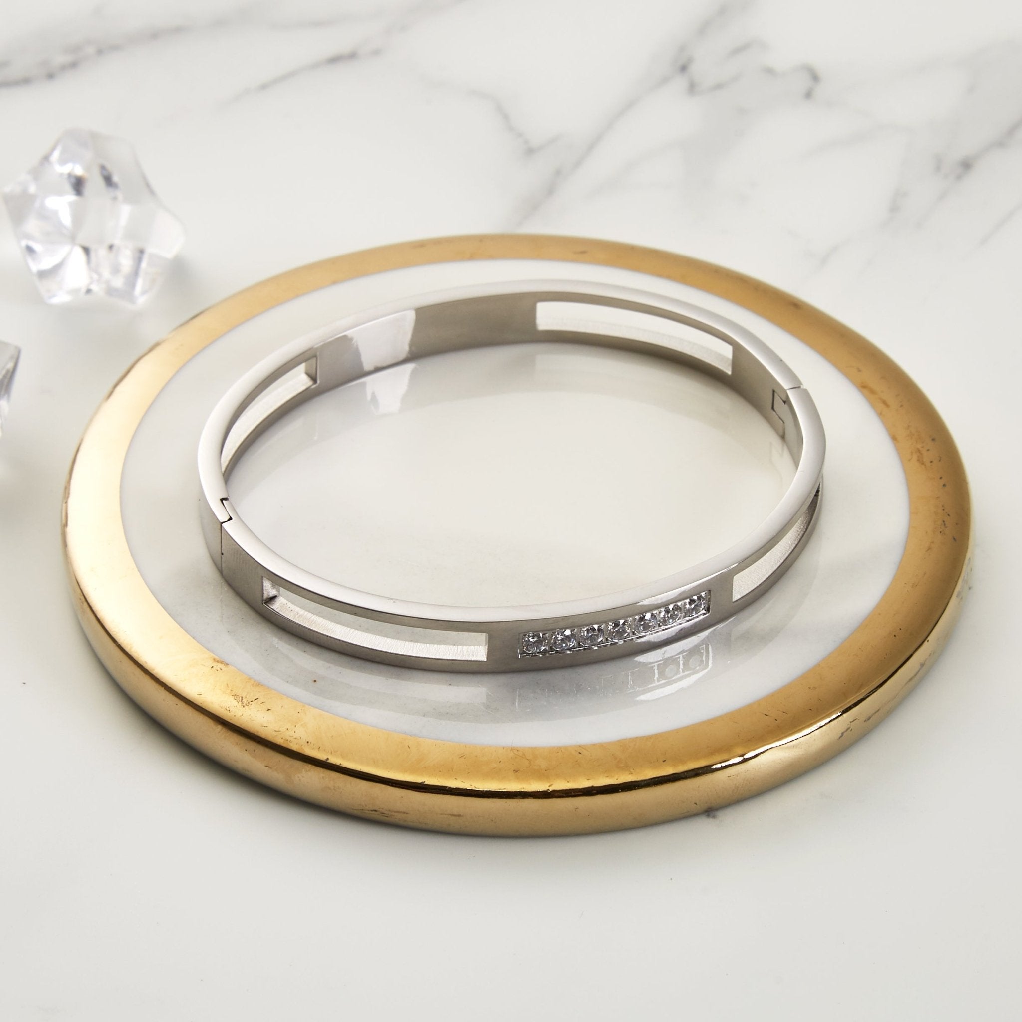 Stainless Steel Channel Bangle Created with Zircondia® Crystals (7 Inch)