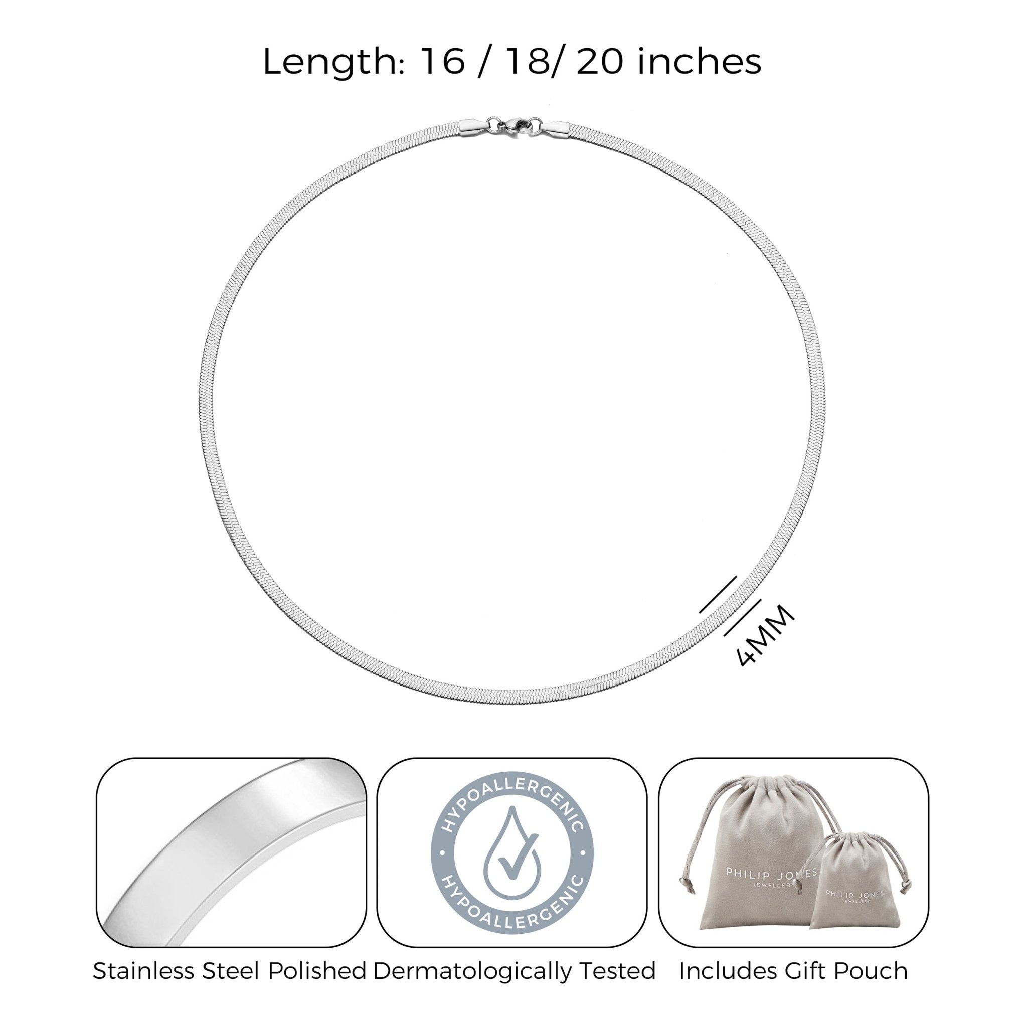 Stainless Steel Herringbone Flat Snake Chain 16" 18" 20" Inch Necklace