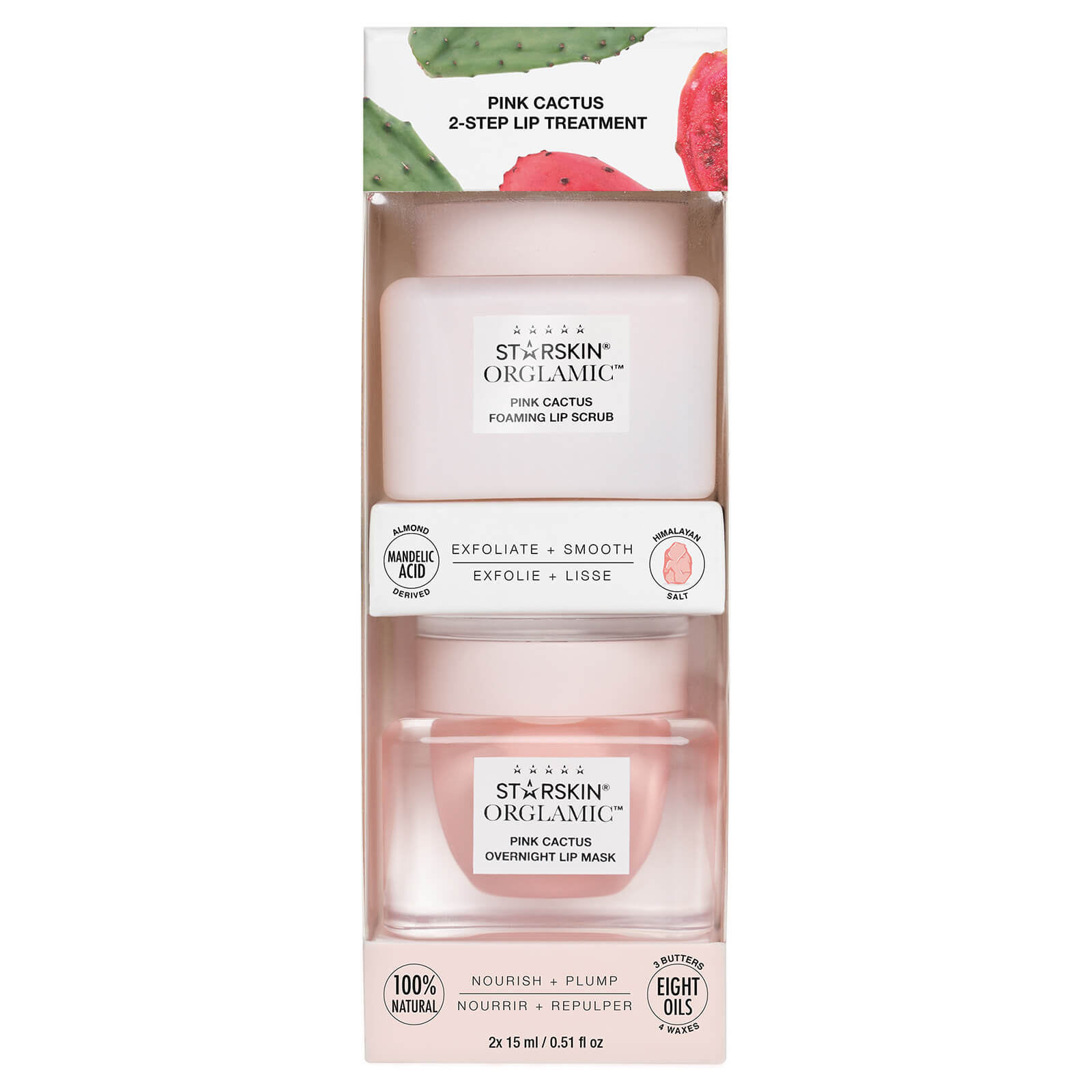 STARSKIN Orglamic Pink Cactus 2-Step Lip Treatment, Exfoliating Scrub & Nourishing Mask