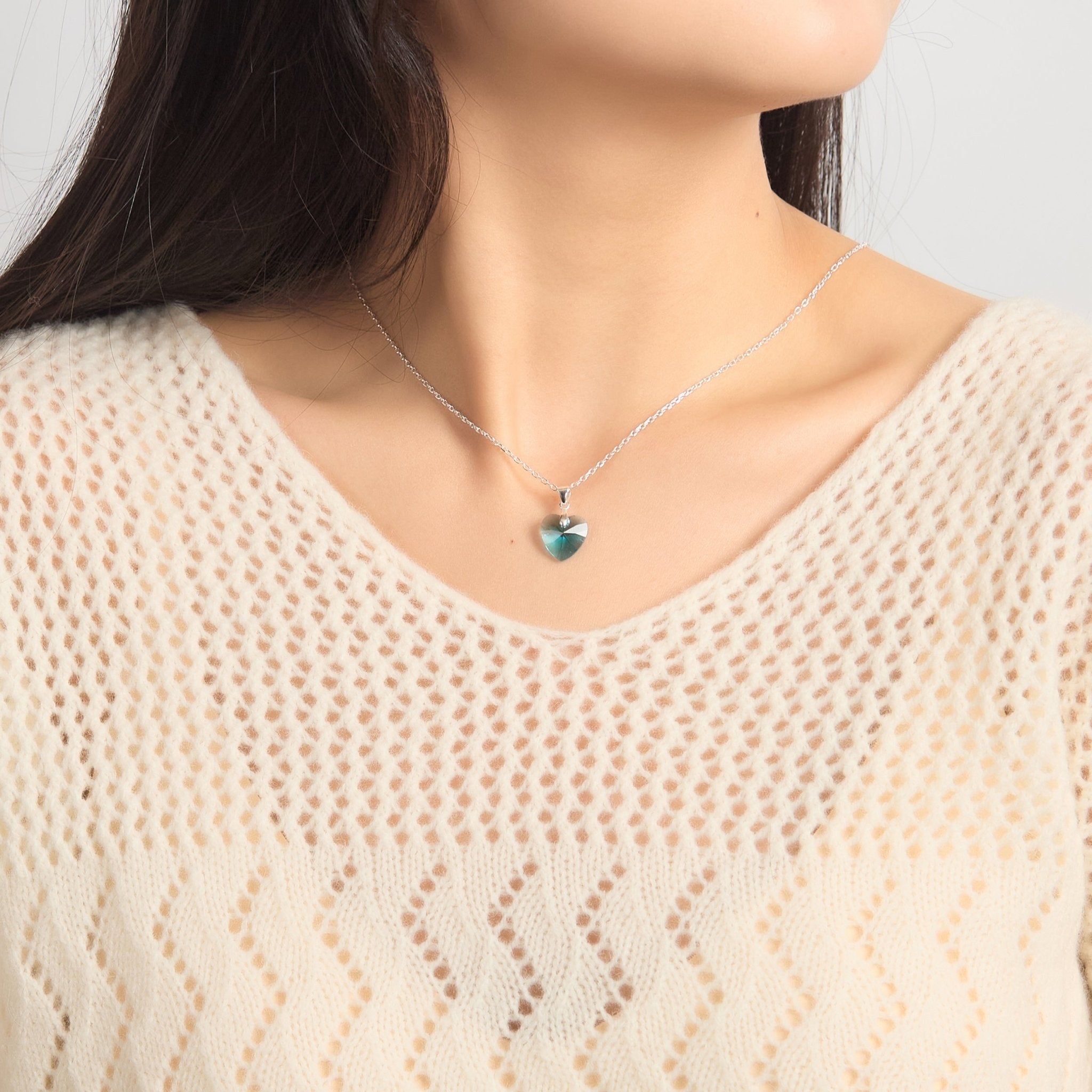 Sterling Silver Aquamarine Heart Necklace Created with Zircondia® Crystals