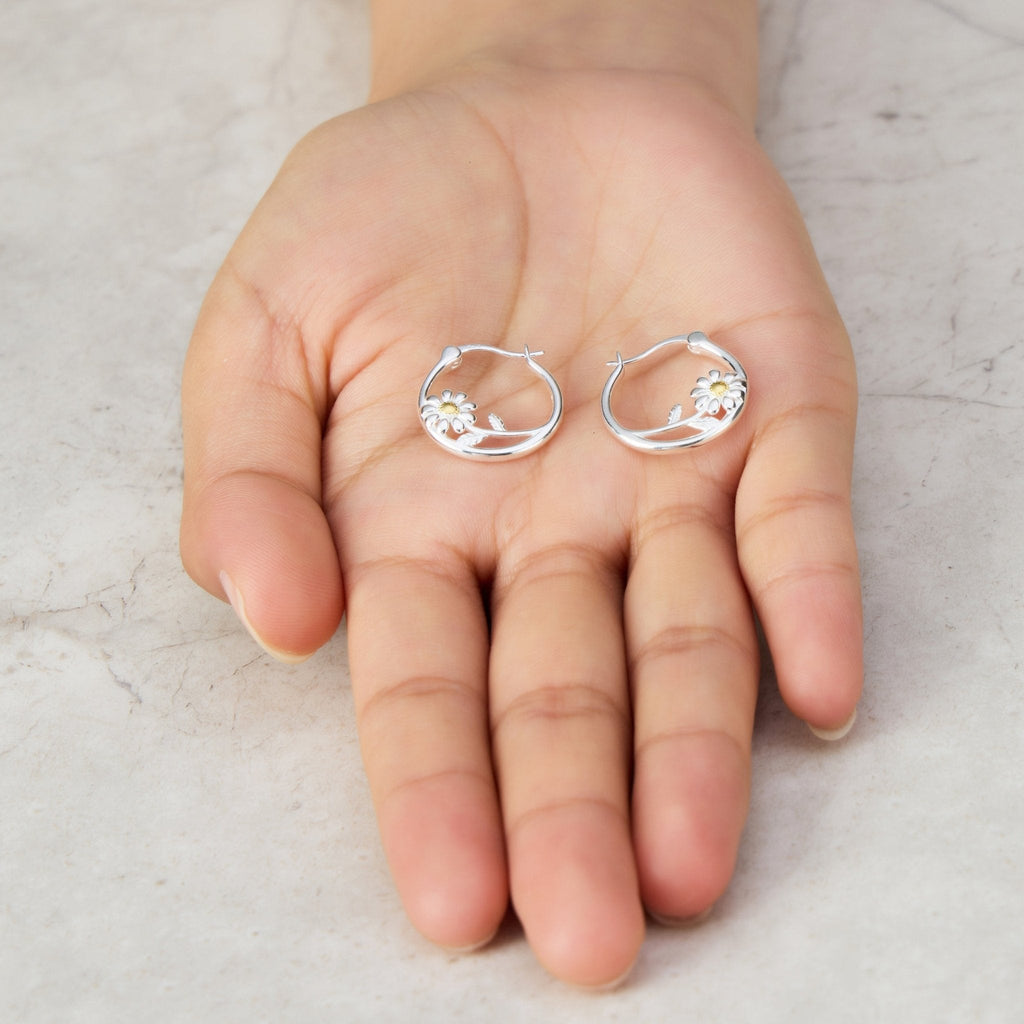 Sterling Silver Daisy Hoop Earrings