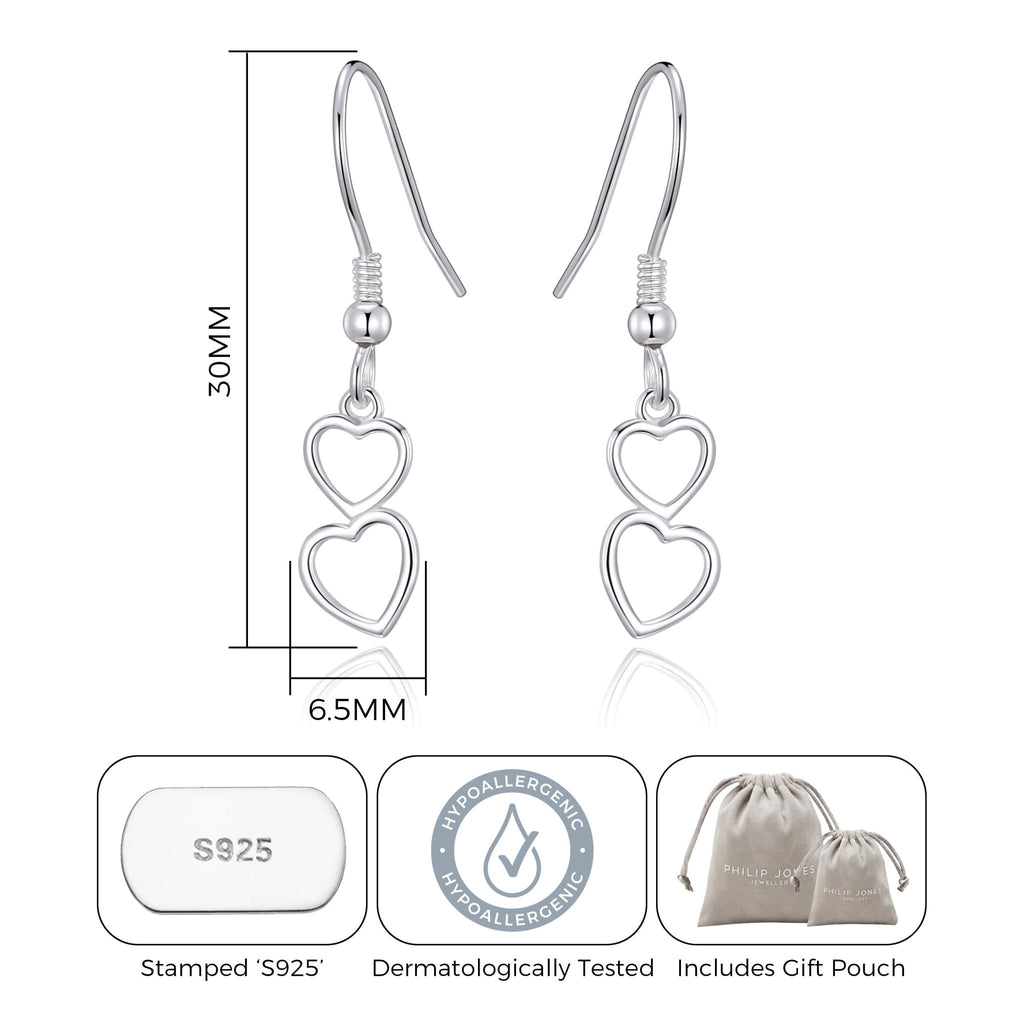 Sterling Silver Double Heart Drop Earrings
