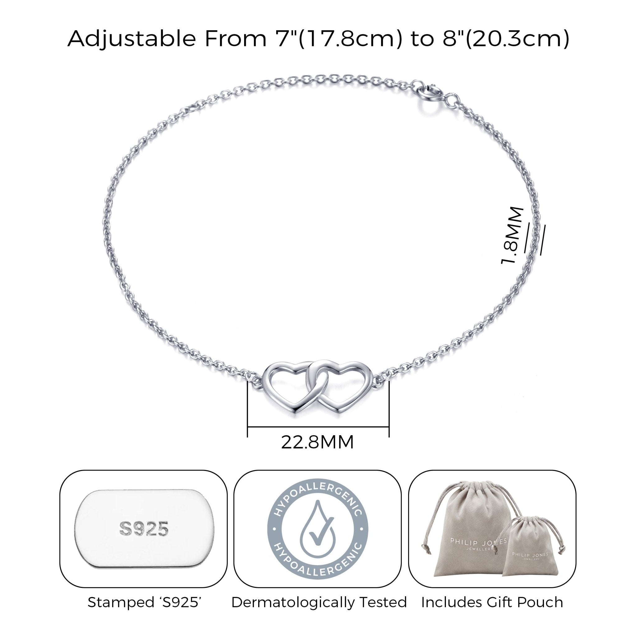 Sterling Silver Heart Link Bracelet