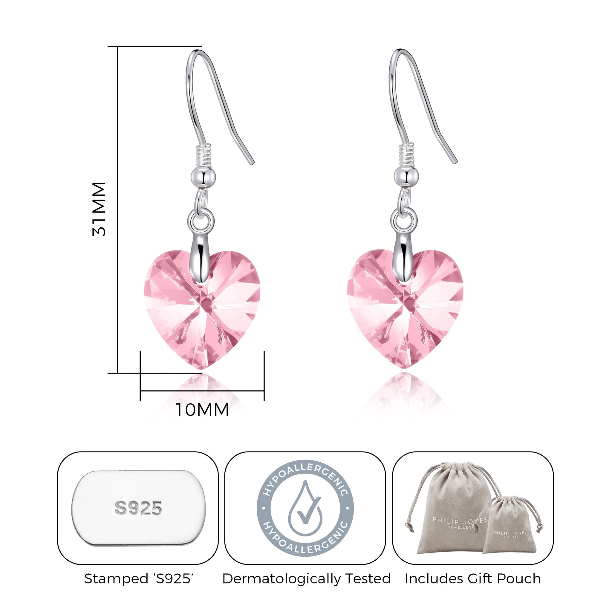 Sterling Silver Light Pink Heart Earrings Created with Zircondia® Crystals