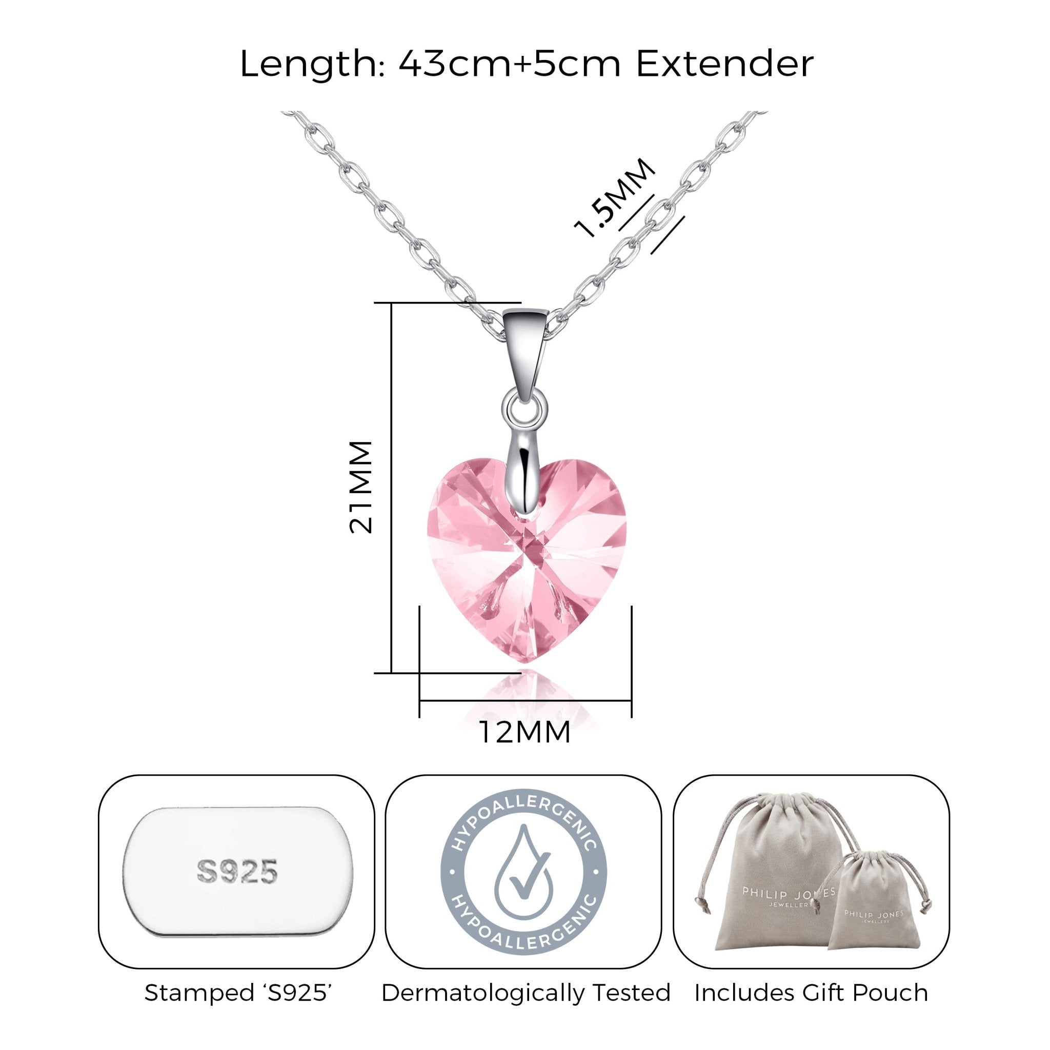 Sterling Silver Light Pink Heart Necklace Created with Zircondia® Crystals