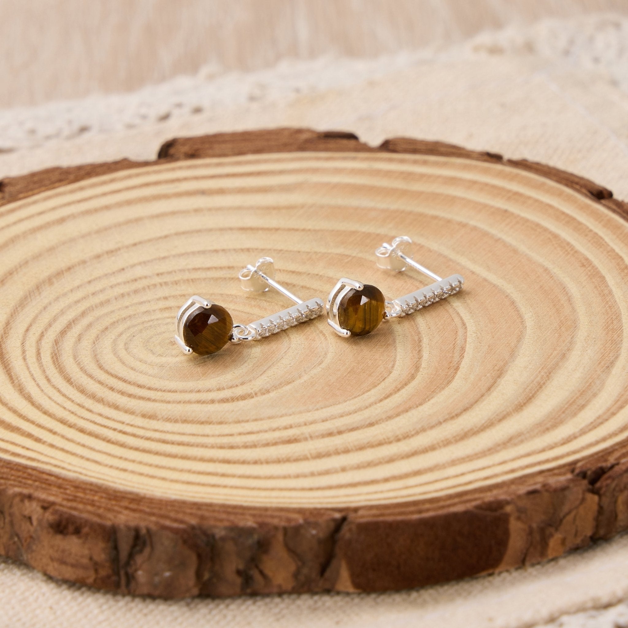 Sterling Silver Tigers Eye Gemstone Drop Earrings with Quote Card