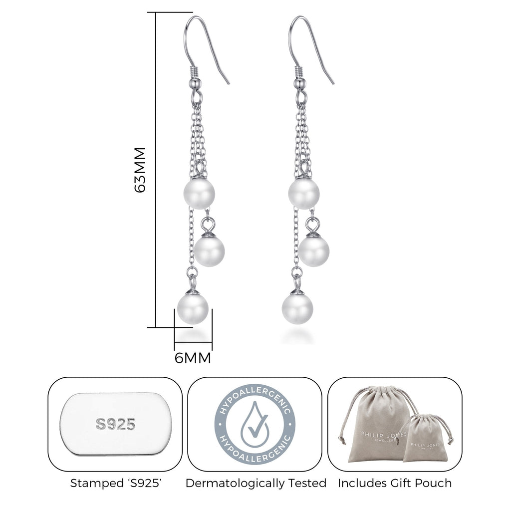 Sterling Silver Triple White Pearl Drop Earrings
