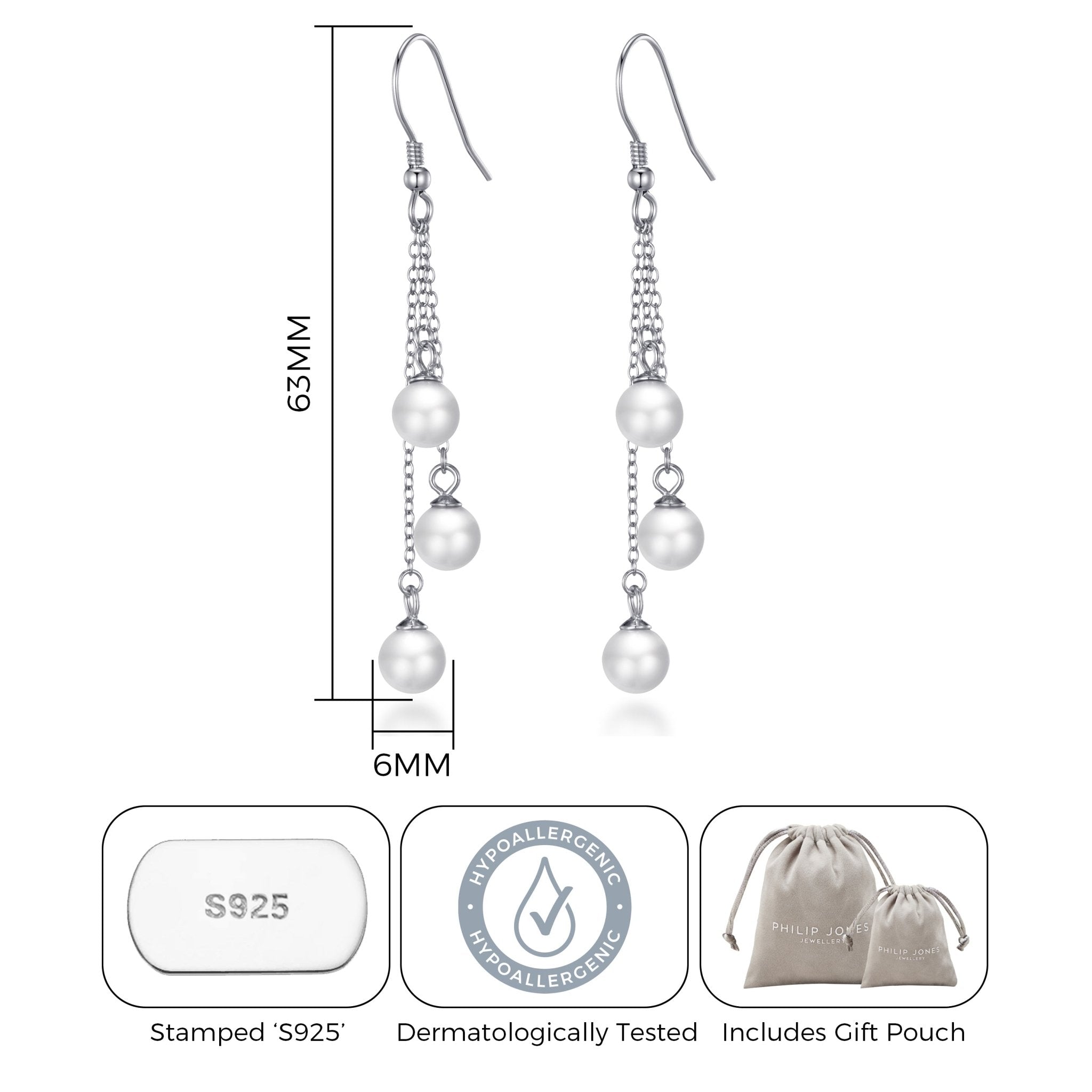 Sterling Silver Triple White Pearl Drop Earrings