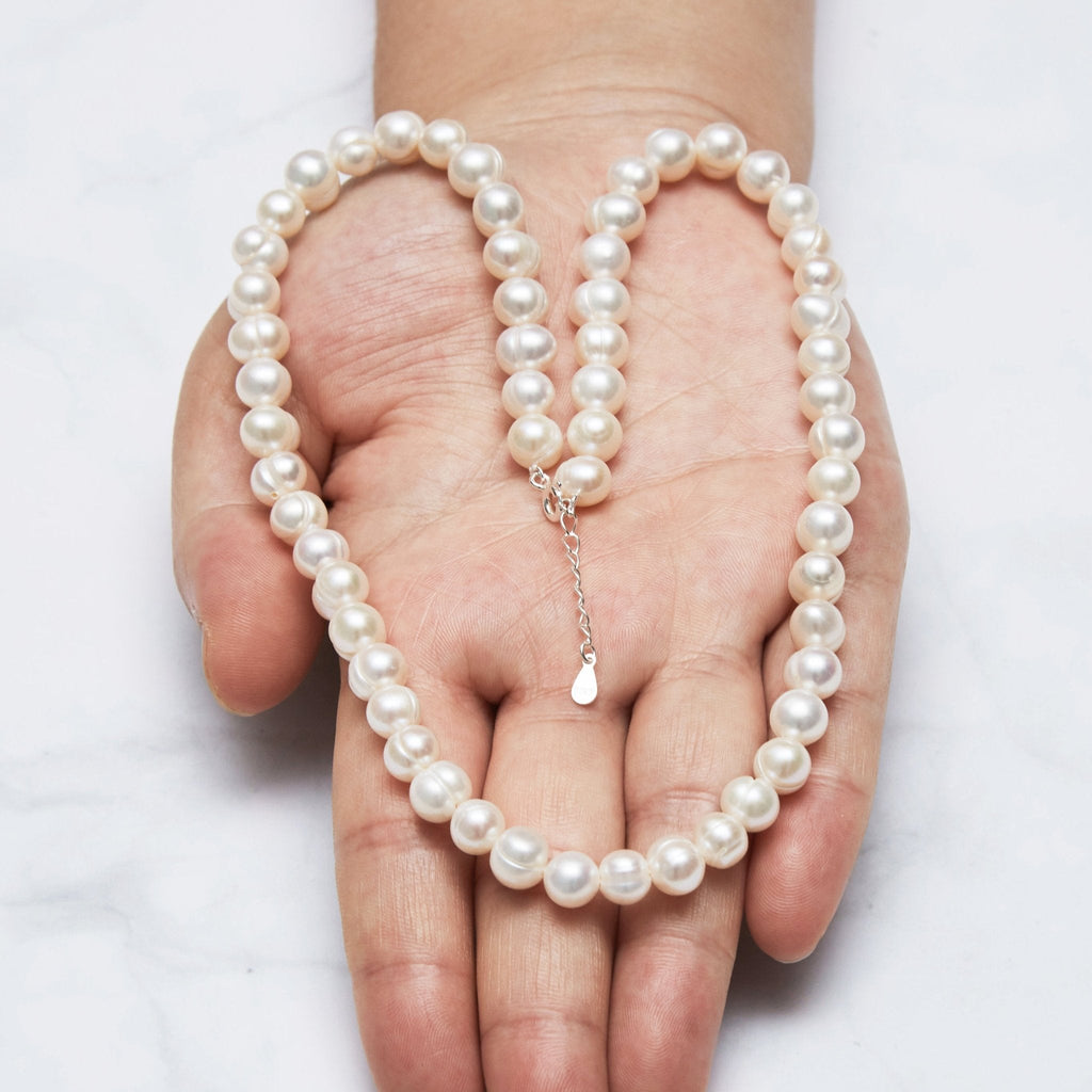 Sterling Silver White Freshwater Pearl Strand Choker Necklace