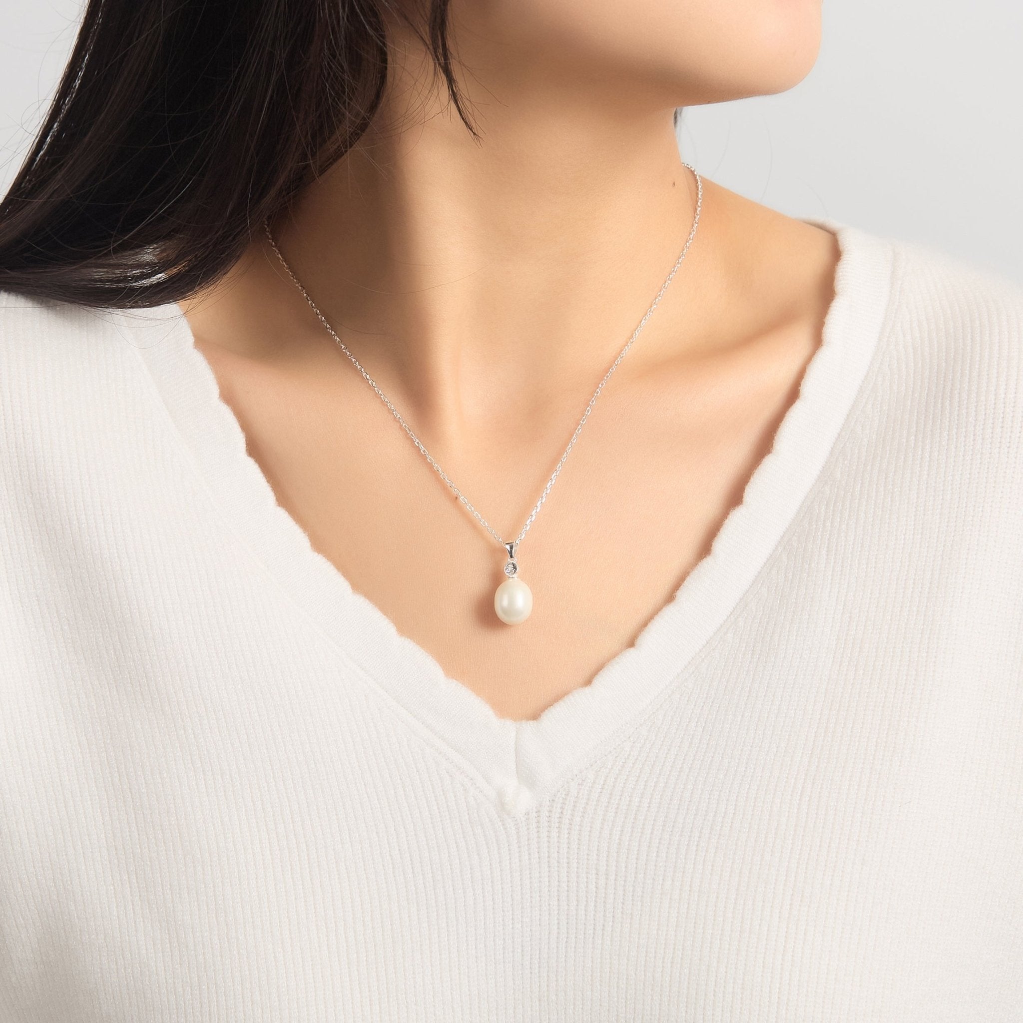 Sterling Silver White Pearl Drop Necklace Created with Zircondia® Crystals